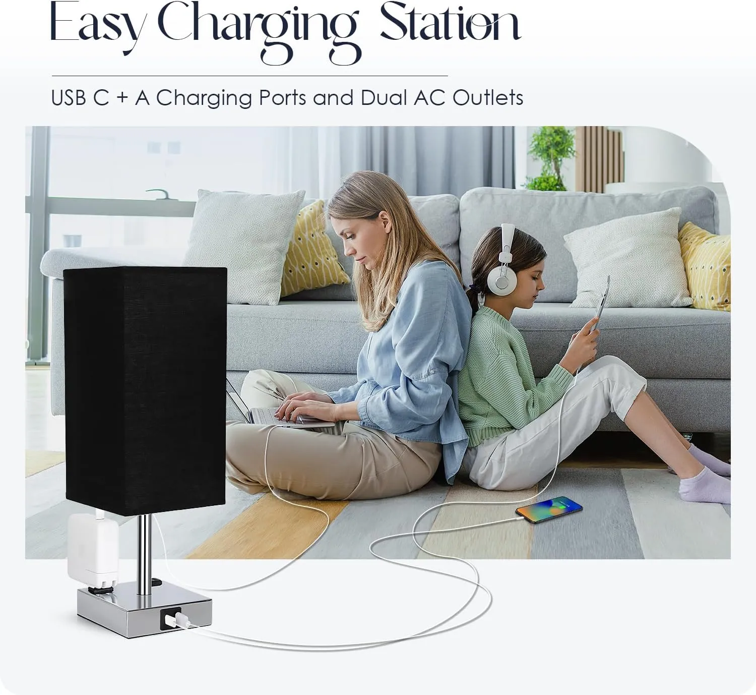 Bedside Lamp with USB Ports - Touch Control Table Lamp for Bedroom with USB C A Charging Ports & AC Outlets, 3 Way Dimmable Nightstand Light for Living Room (Bulb Included, Black)