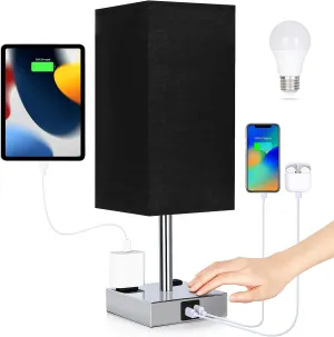 Bedside Lamp with USB Ports - Touch Control Table Lamp for Bedroom with USB C A Charging Ports & AC Outlets, 3 Way Dimmable Nightstand Light for Living Room (Bulb Included, Black)