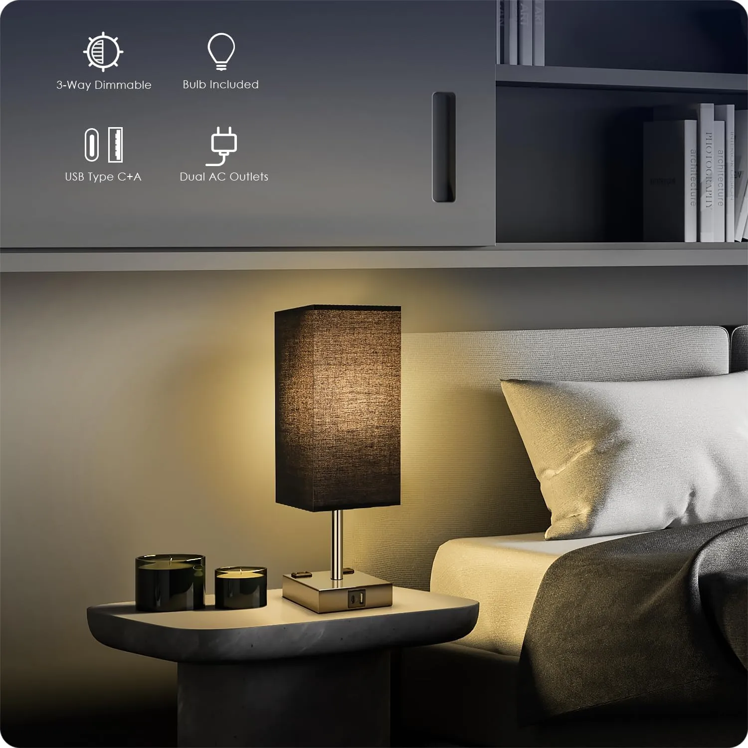Bedside Lamp with USB Ports - Touch Control Table Lamp for Bedroom with USB C A Charging Ports & AC Outlets, 3 Way Dimmable Nightstand Light for Living Room (Bulb Included, Black)