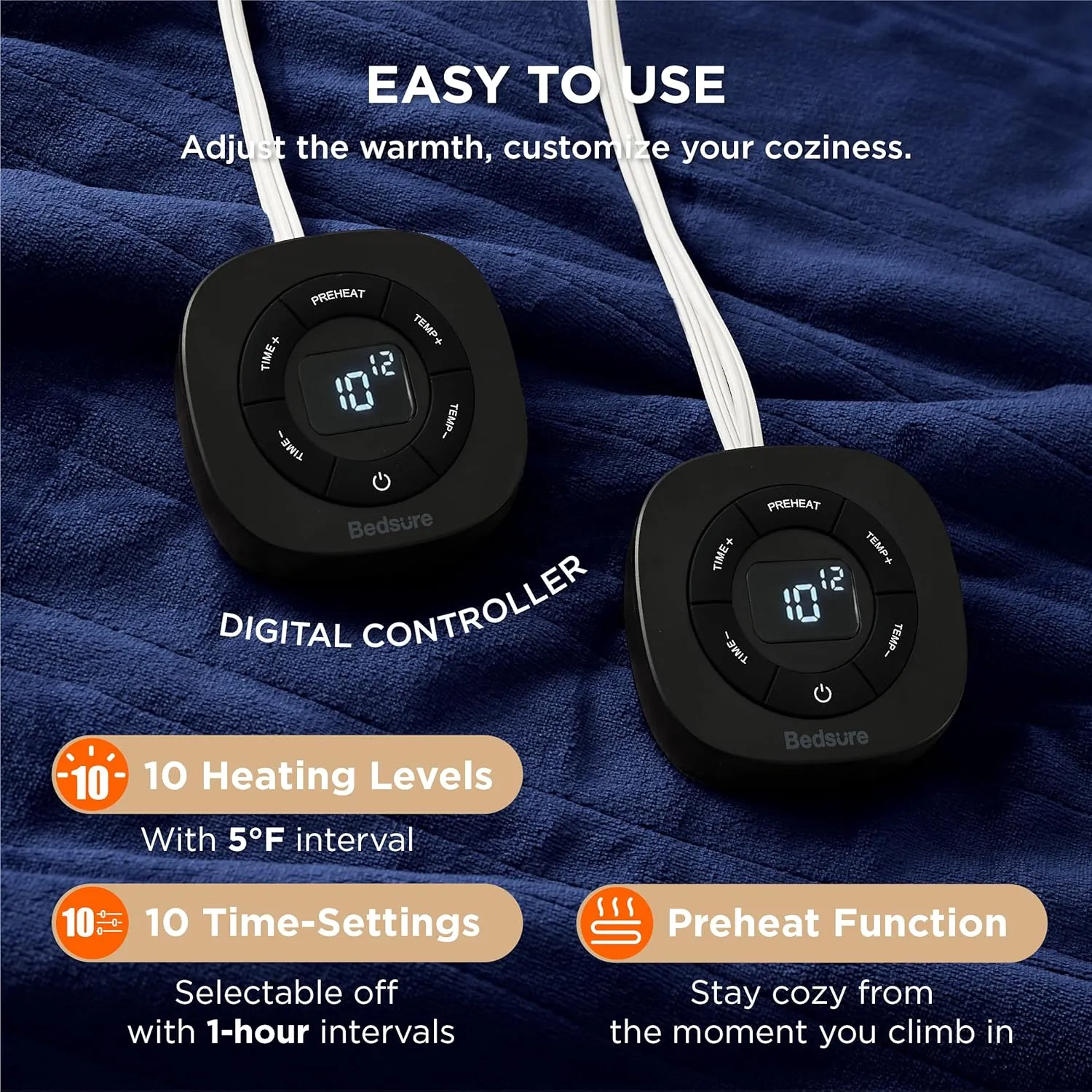 Bedsure Electric Blanket King Size - Dual Control Heated Blanket Queen, Fast Heating with 10 Time Settings & 10 Heat Settings, Warm Gift for Grandma (100x90 inches, Pageant Blue)