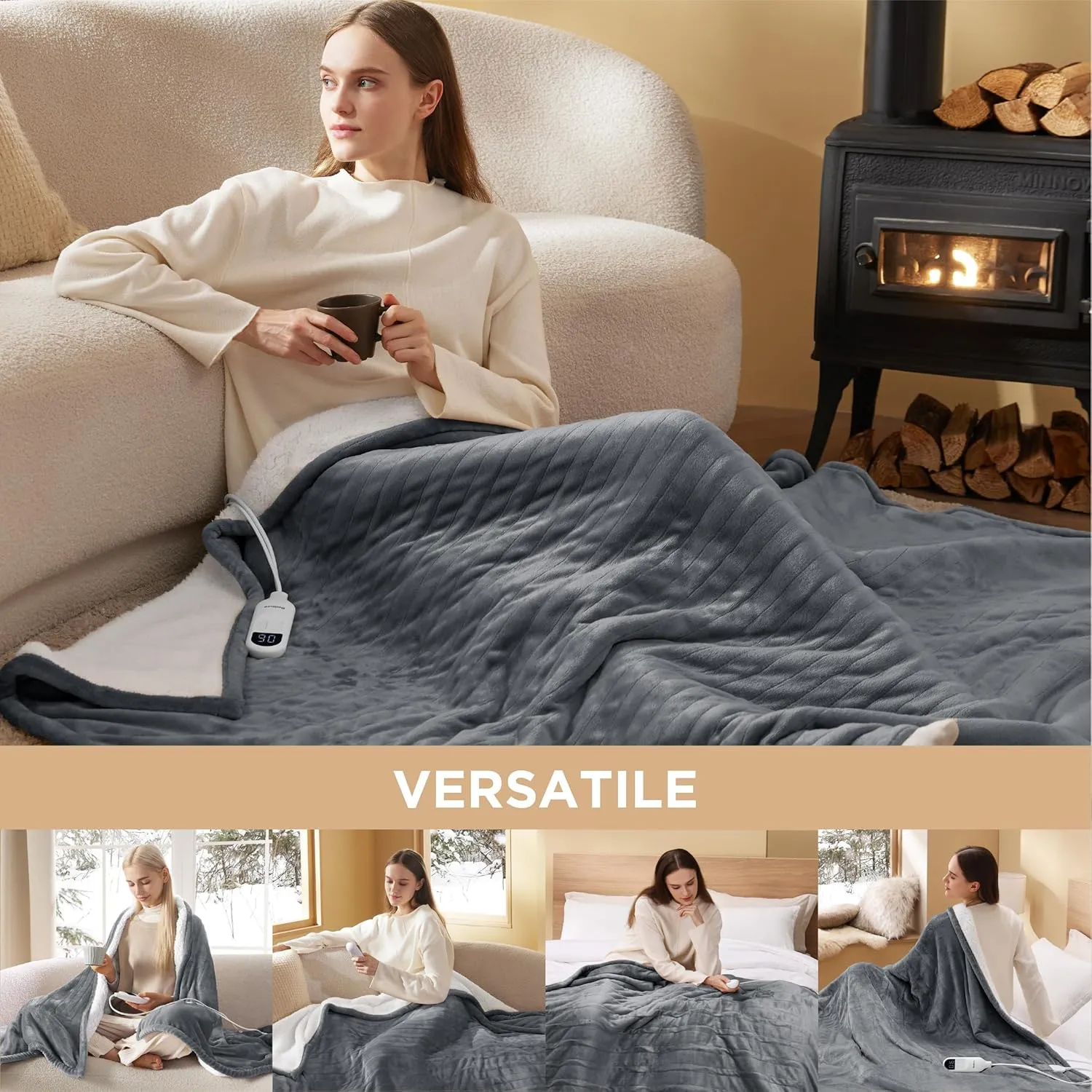 Bedsure Electric Heated Throw Blanket - Soft Flannel & Sherpa, 6 Heat Levels, 4 Time Settings, Auto Shut Off (50x60 inches, Grey)