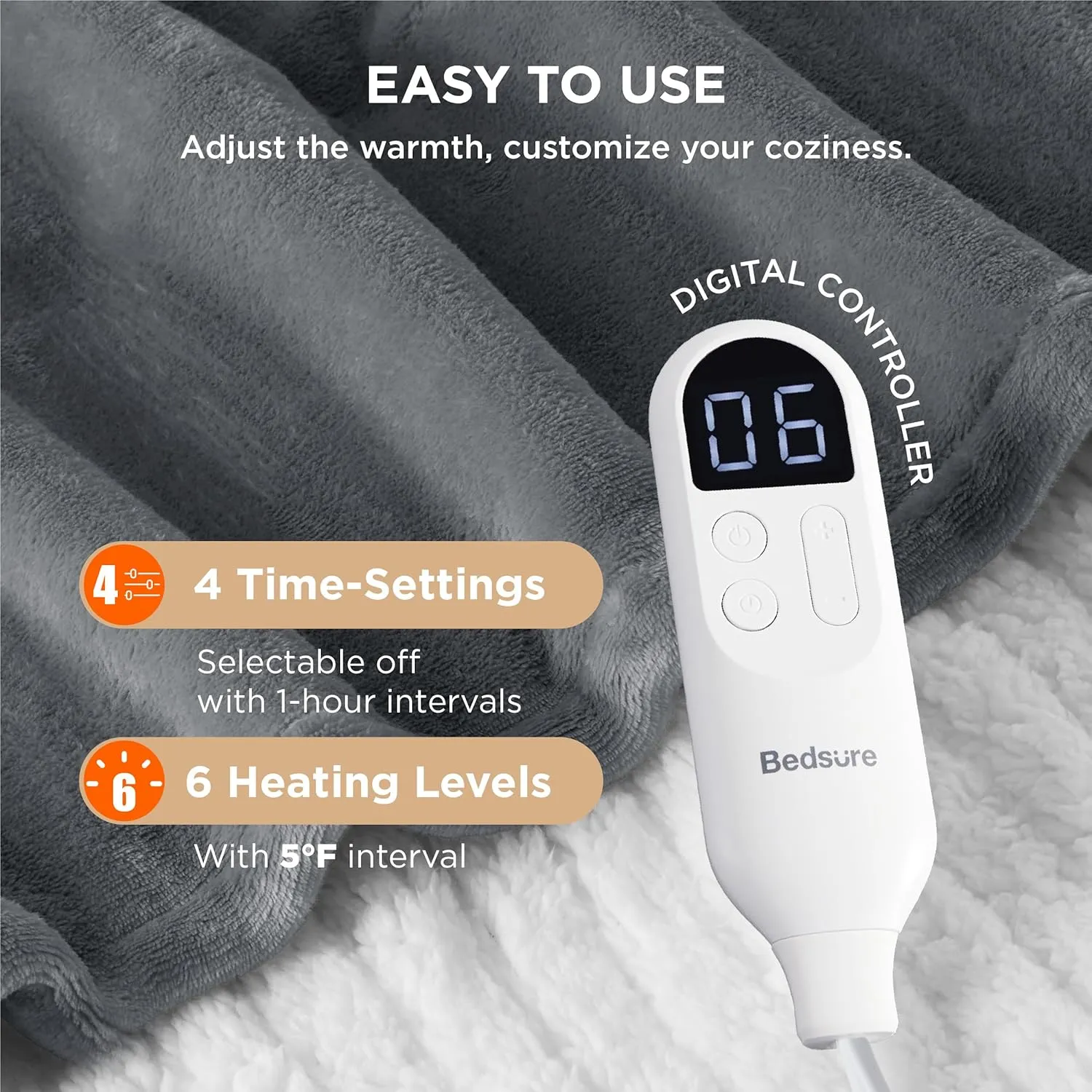 Bedsure Electric Heated Throw Blanket - Soft Flannel & Sherpa, 6 Heat Levels, 4 Time Settings, Auto Shut Off (50x60 inches, Grey)