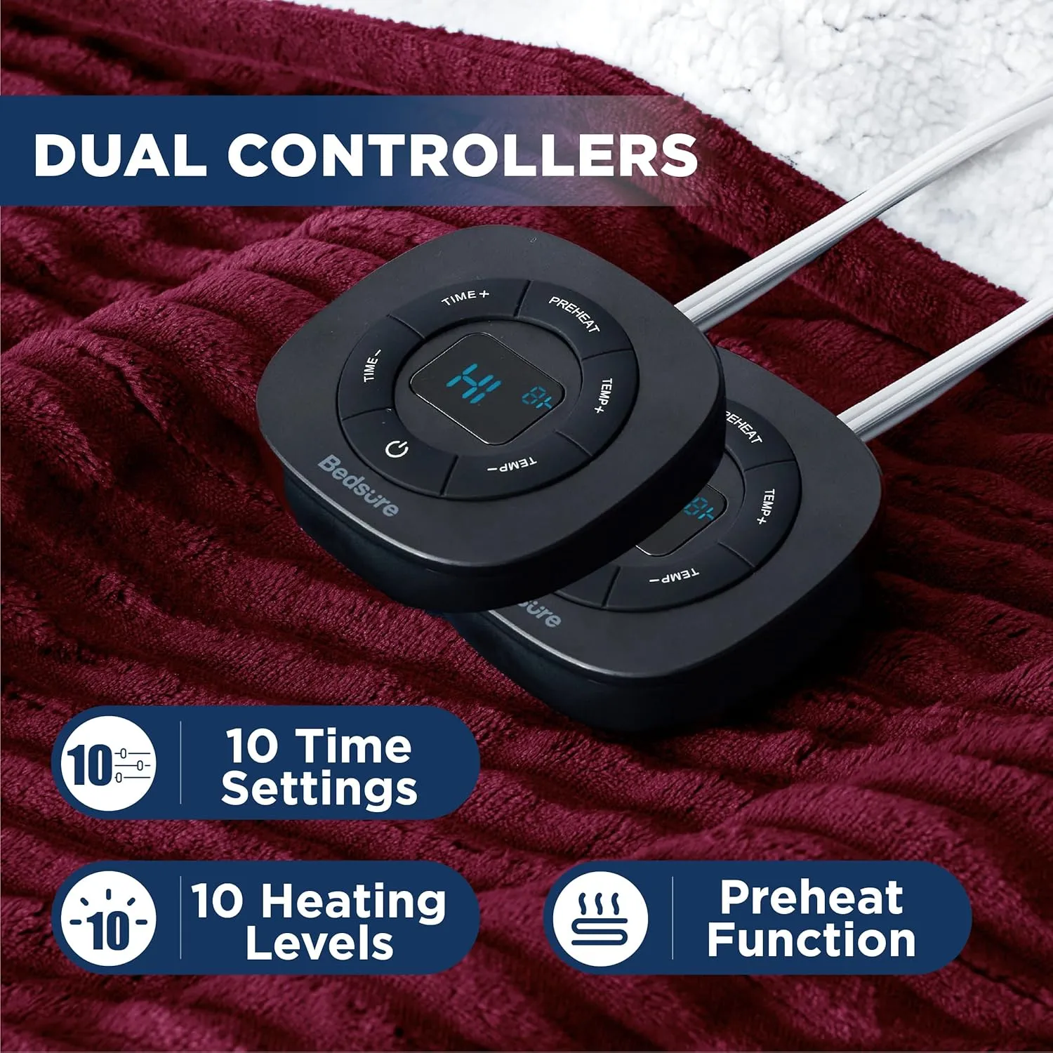 Bedsure Electric King Size Blanket - Soft Ribbed Flannel Heated Blanket with Dual Control, 10 Heat & 10 Time Settings, 8 Hr Auto Shut Off (90x100 inches, Burgundy)