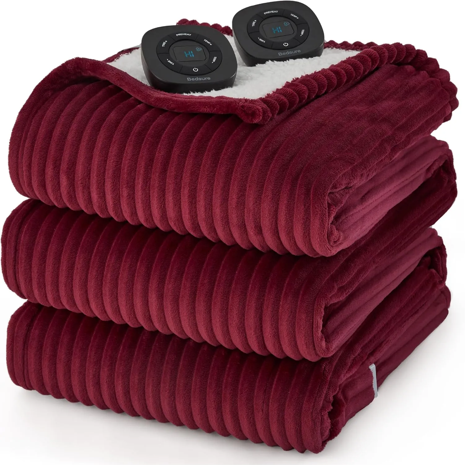 Bedsure Electric King Size Blanket - Soft Ribbed Flannel Heated Blanket with Dual Control, 10 Heat & 10 Time Settings, 8 Hr Auto Shut Off (90x100 inches, Burgundy)