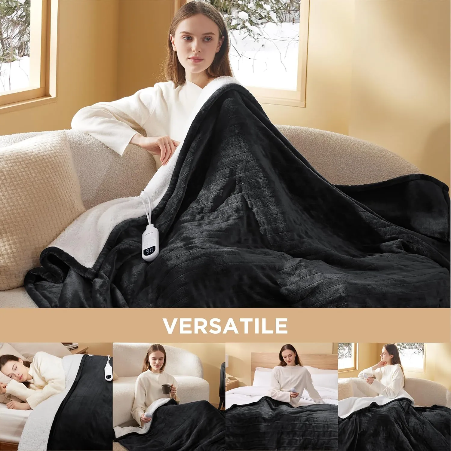 Bedsure Heated Blanket Electric Throw - Soft Flannel Electric Blanket, Heated Throw with 4 Time Settings & 6 Heat Settings, Warm Gift for Grandma (50x60 inches, Black)