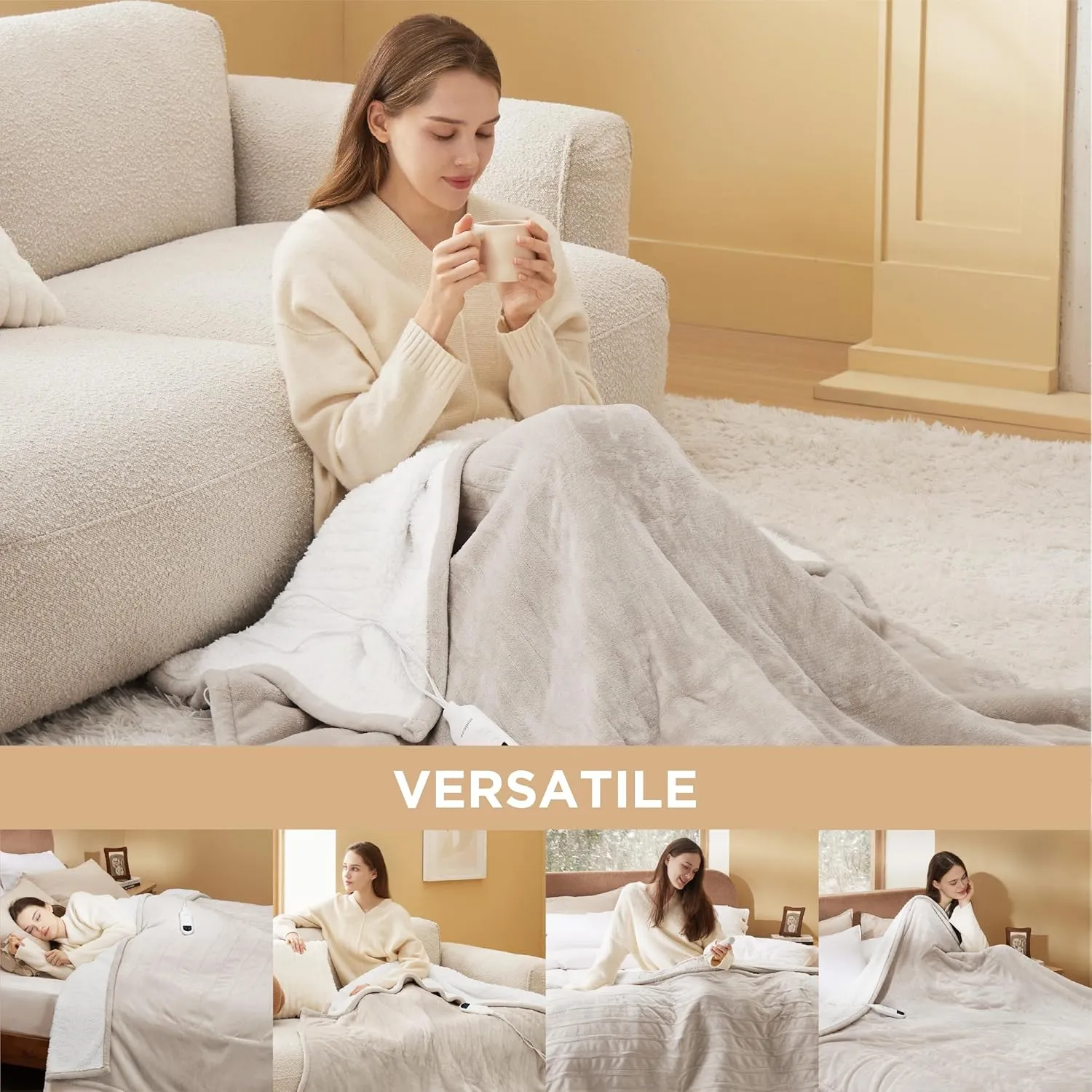 Bedsure Heated Blanket Electric Throw - Soft Flannel Electric Blanket, Heated Throw with 4 Time Settings & 6 Heat Settings, Warm Gift for Grandma (50x60 inches, Cream)