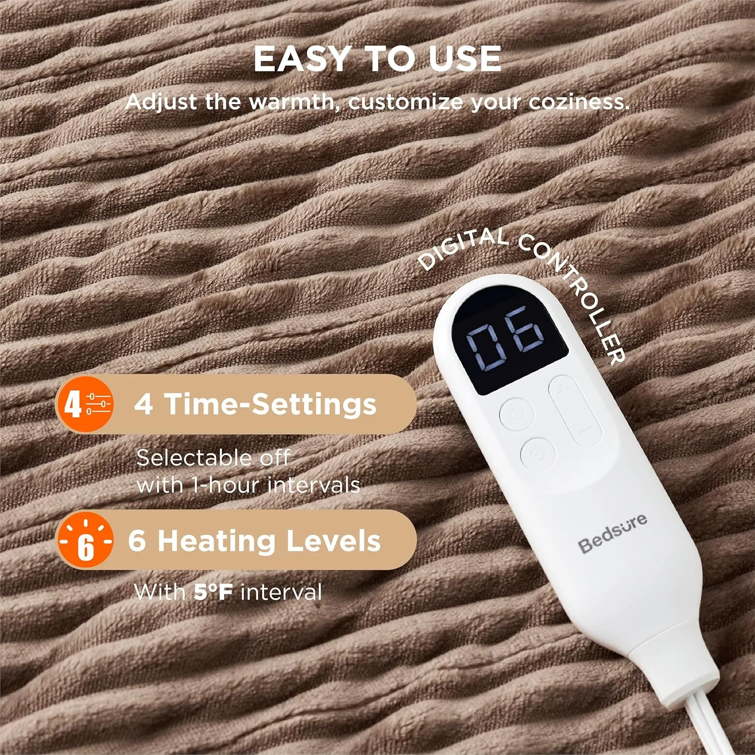 Bedsure Heated Blanket Electric Throw - Soft Ribbed Flannel Electric Blanket, Heating with 4 Time Settings, 6 Heat Settings, and 3 hrs Timer Auto Shut Off, Gift for Grandma (50x60 inches, Brown)