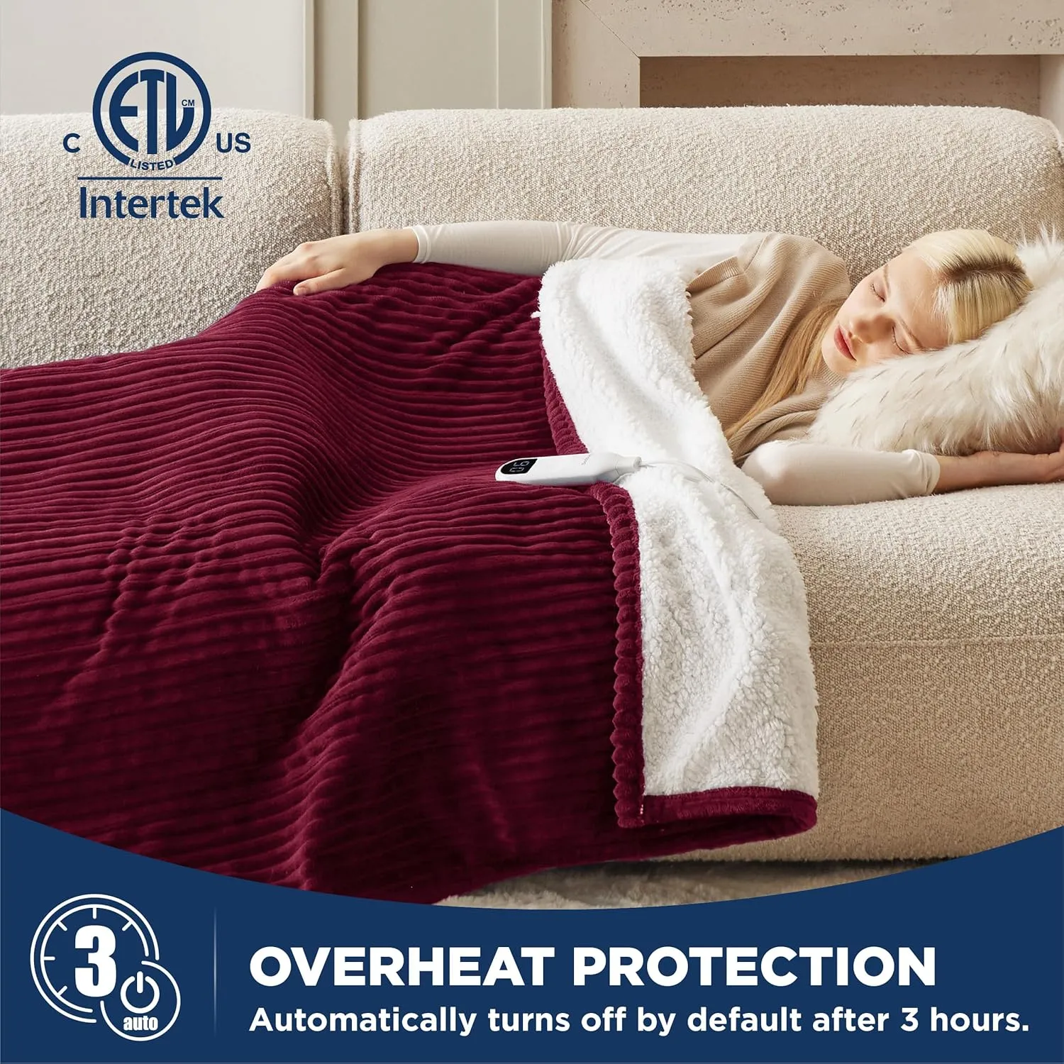 Bedsure Heated Blanket Electric Throw - Soft Ribbed Flannel Electric Blanket, Heating with 4 Time Settings, 6 Heat Settings, and 3 hrs Timer Auto Shut Off, Gift for Grandma (50x60 inches, Burgundy)