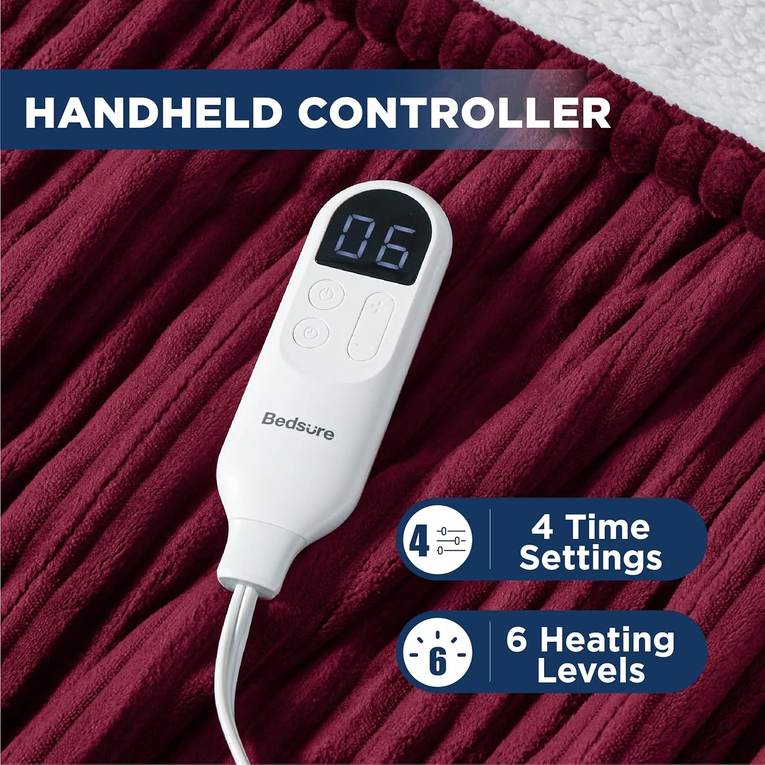 Bedsure Heated Blanket Electric Throw - Soft Ribbed Flannel Electric Blanket, Heating with 4 Time Settings, 6 Heat Settings, and 3 hrs Timer Auto Shut Off, Gift for Grandma (50x60 inches, Burgundy)