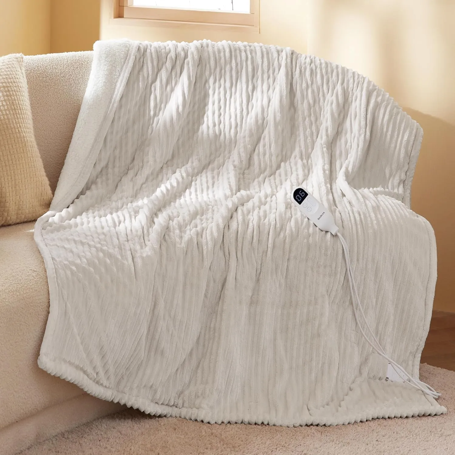 Bedsure Heated Blanket Electric Throw - Soft Ribbed Flannel Electric Blanket, Heating with 4 Time Settings, 6 Heat Settings, and 3 hrs Timer Auto Shut Off, Gift for Grandma (50x60 inches, Cream)