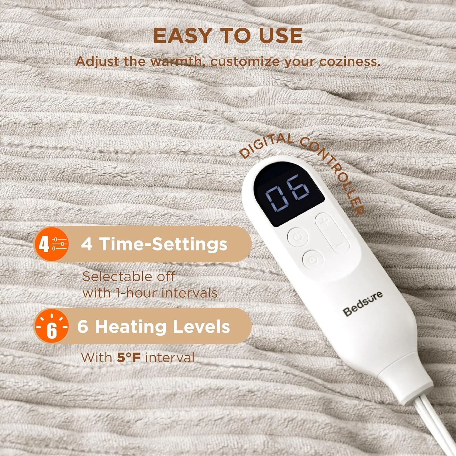 Bedsure Heated Blanket Electric Throw - Soft Ribbed Flannel Electric Blanket, Heating with 4 Time Settings, 6 Heat Settings, and 3 hrs Timer Auto Shut Off, Gift for Grandma (50x60 inches, Cream)