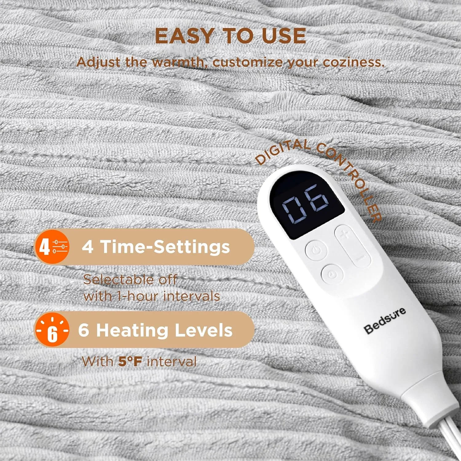 Bedsure Heated Blanket Electric Throw - Soft Ribbed Flannel Electric Blanket, Heating with 4 Time Settings, 6 Heat Settings, and 3 hrs Timer Auto Shut Off, Gift for Grandma (50x60 inches, Light Grey)