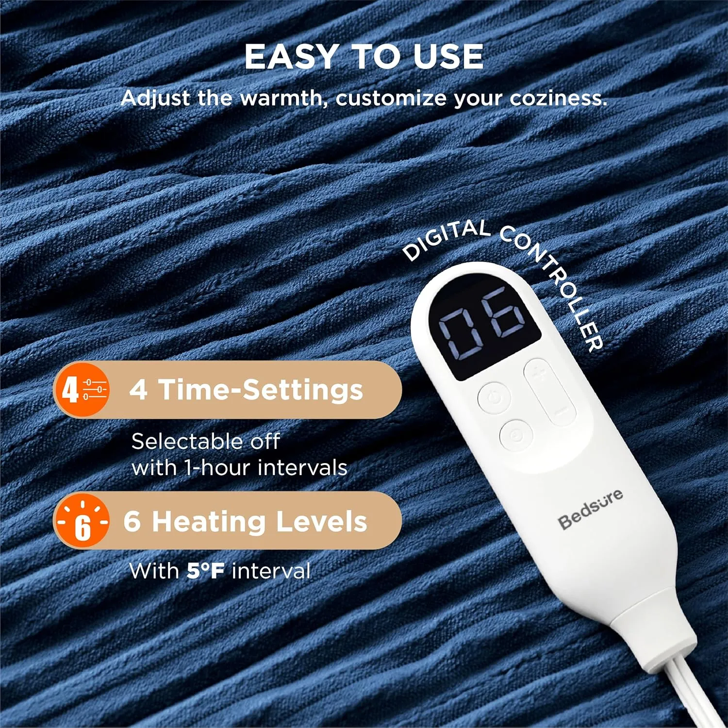 Bedsure Heated Blanket Electric Throw - Soft Ribbed Flannel Electric Blanket, Heating with 4 Time Settings, 6 Heat Settings, and 3 hrs Timer Auto Shut Off, Gift for Grandma (50x60 inches, Navy)