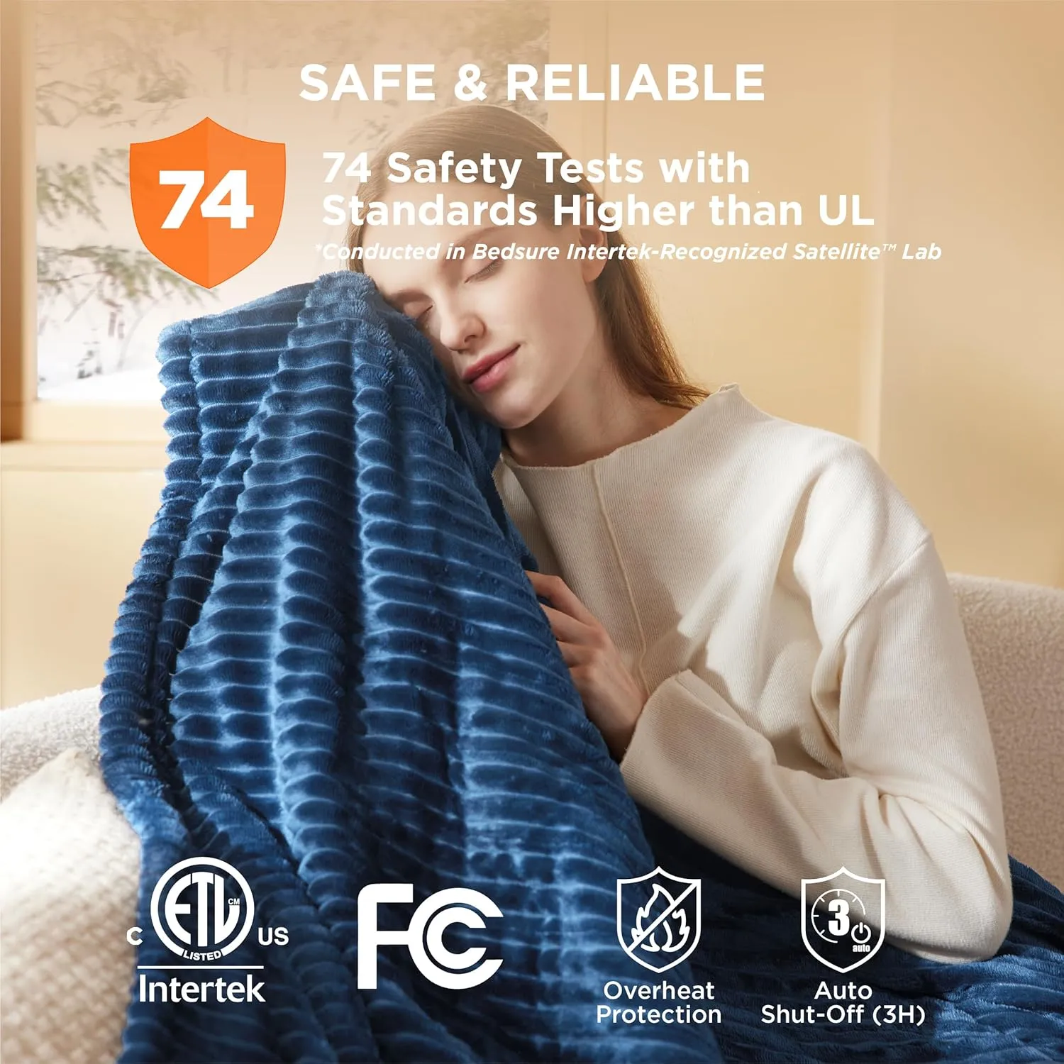 Bedsure Heated Blanket Electric Throw - Soft Ribbed Flannel Electric Blanket, Heating with 4 Time Settings, 6 Heat Settings, and 3 hrs Timer Auto Shut Off, Gift for Grandma (50x60 inches, Navy)
