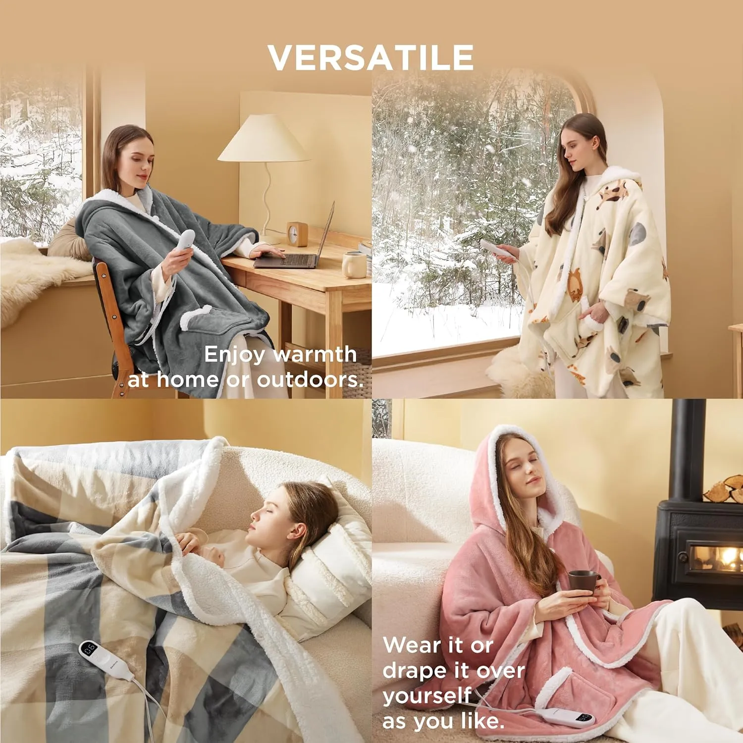Bedsure Heated Blanket Wearable Shawl - Electric Wrap Poncho Blanket Hoodie for Adult, Birthday Gifts for Mom Women, Sherpa Heating Throw with 4 Time Settings & 6 Heat Settings, 50x64 inches, Grey