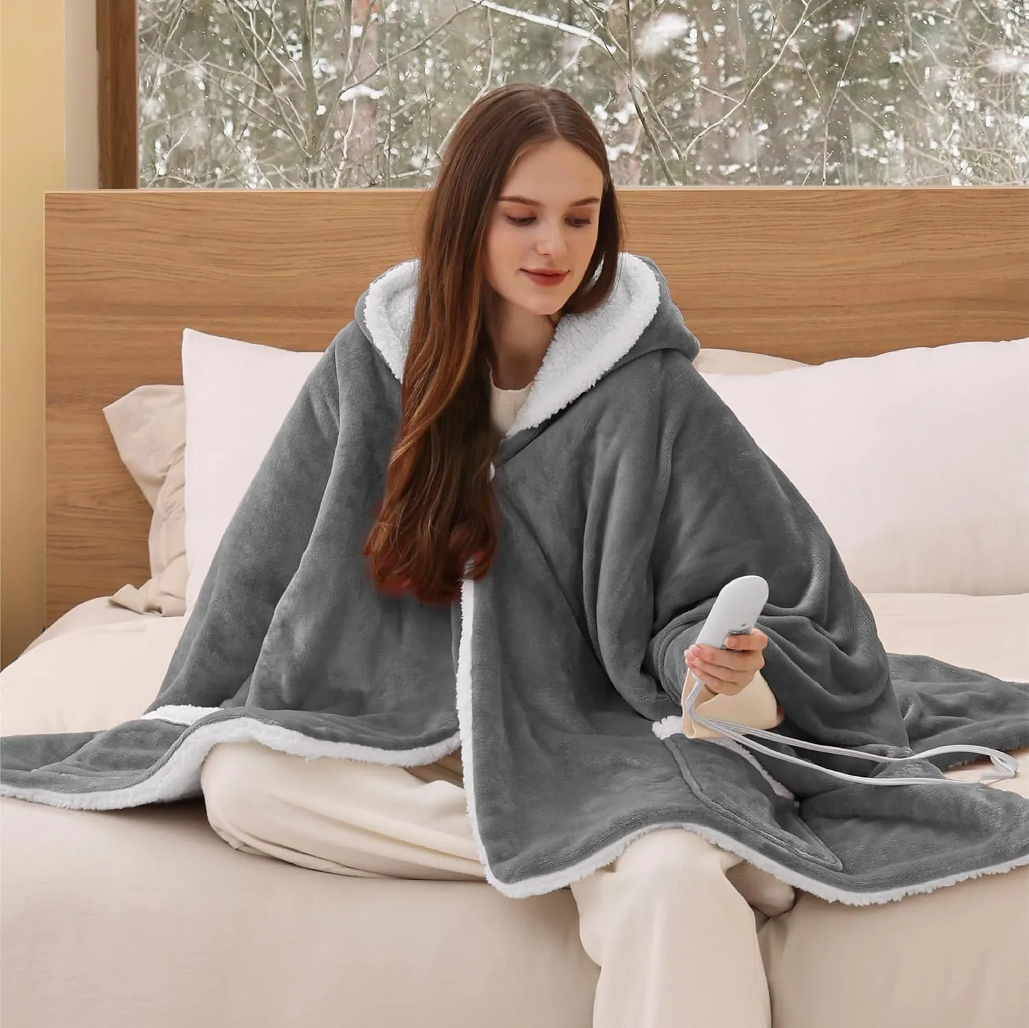 Bedsure Heated Blanket Wearable Shawl - Electric Wrap Poncho Blanket Hoodie for Adult, Birthday Gifts for Mom Women, Sherpa Heating Throw with 4 Time Settings & 6 Heat Settings, 50x64 inches, Grey
