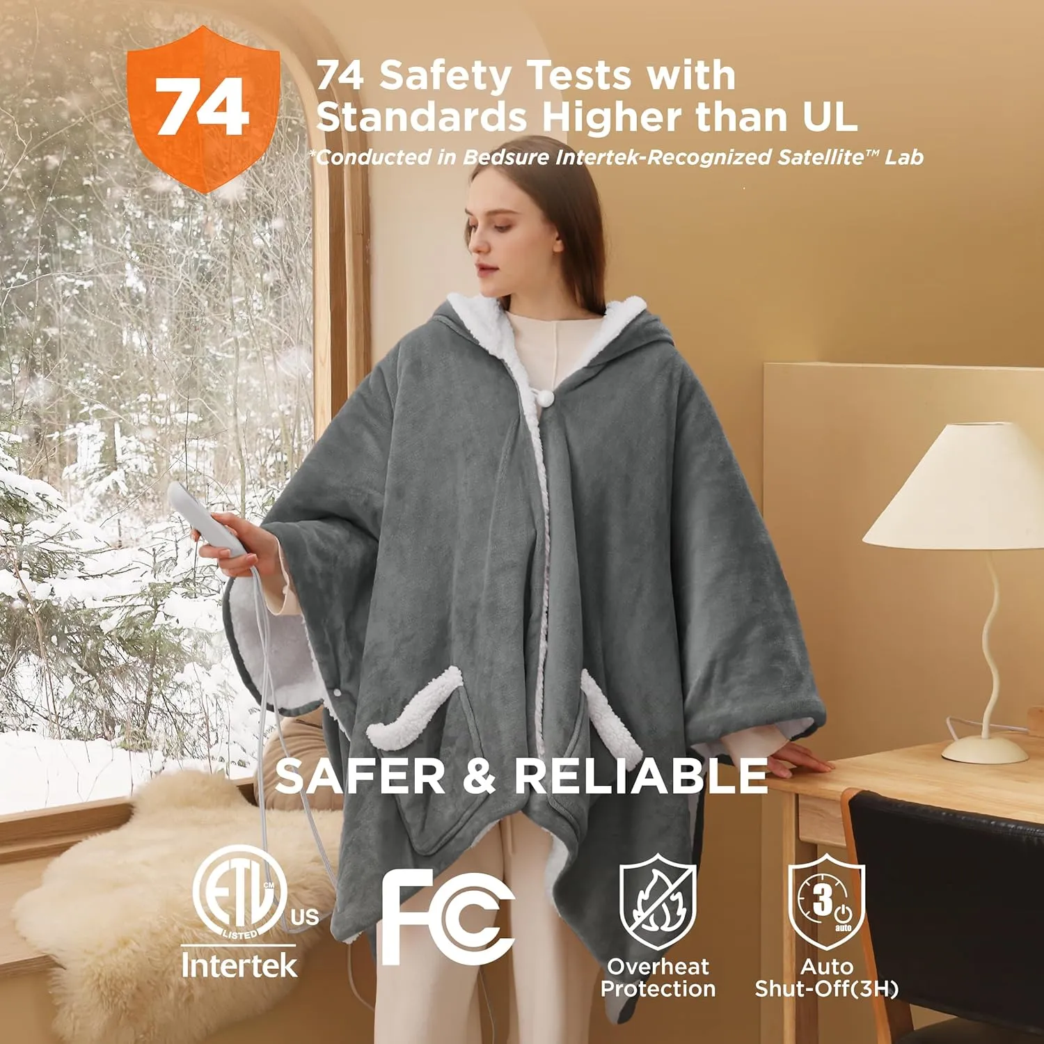 Bedsure Heated Blanket Wearable Shawl - Electric Wrap Poncho Blanket Hoodie for Adult, Birthday Gifts for Mom Women, Sherpa Heating Throw with 4 Time Settings & 6 Heat Settings, 50x64 inches, Grey