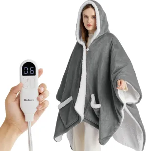 Bedsure Heated Blanket Wearable Shawl - Electric Wrap Poncho Blanket Hoodie for Adult, Birthday Gifts for Mom Women, Sherpa Heating Throw with 4 Time Settings & 6 Heat Settings, 50x64 inches, Grey