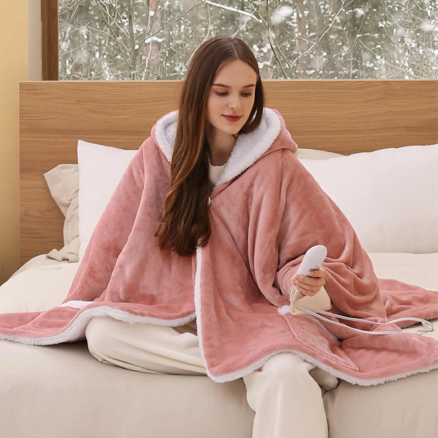 Bedsure Heated Blanket Wearable Shawl - Electric Wrap Poncho Blanket Hoodie for Adult, Winter Gifts for Mom Women Girlfriend, Warm Sherpa Heating Throw, Auto Shut Off, 50x64 inches, Pink
