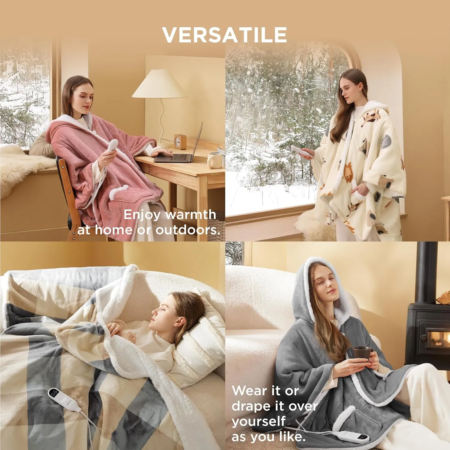 Bedsure Heated Blanket Wearable Shawl - Electric Wrap Poncho Blanket Hoodie for Adult, Winter Gifts for Mom Women Girlfriend, Warm Sherpa Heating Throw, Auto Shut Off, 50x64 inches, Pink