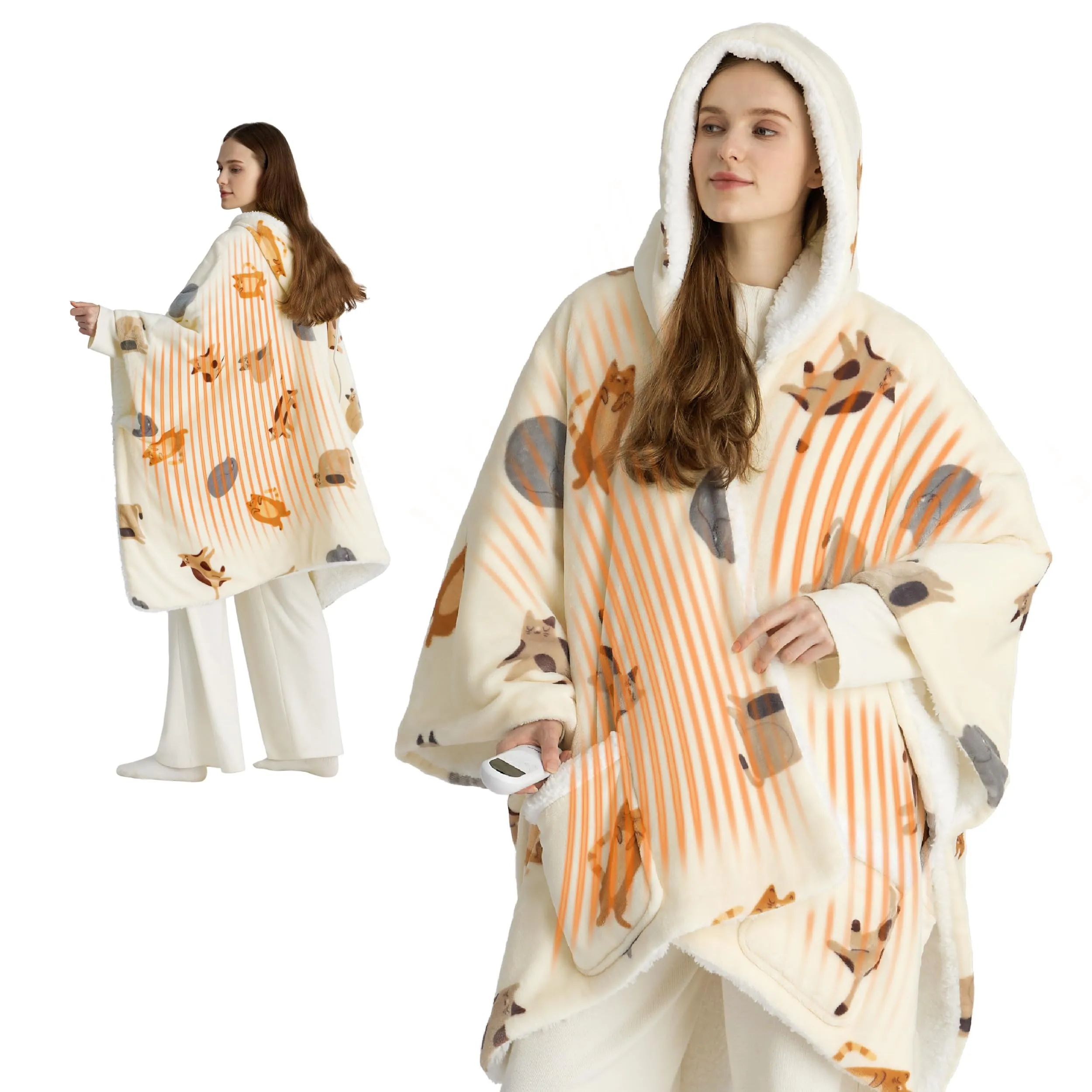Bedsure Heated Blanket Wearable Shawl - Electric Wrap Poncho Blanket Hoodie for Adult, Winter Gifts for Mom Women Girlfriend, Warm Sherpa Heating Throw, Auto Shut Off, 50x64 inches, Printed Cat