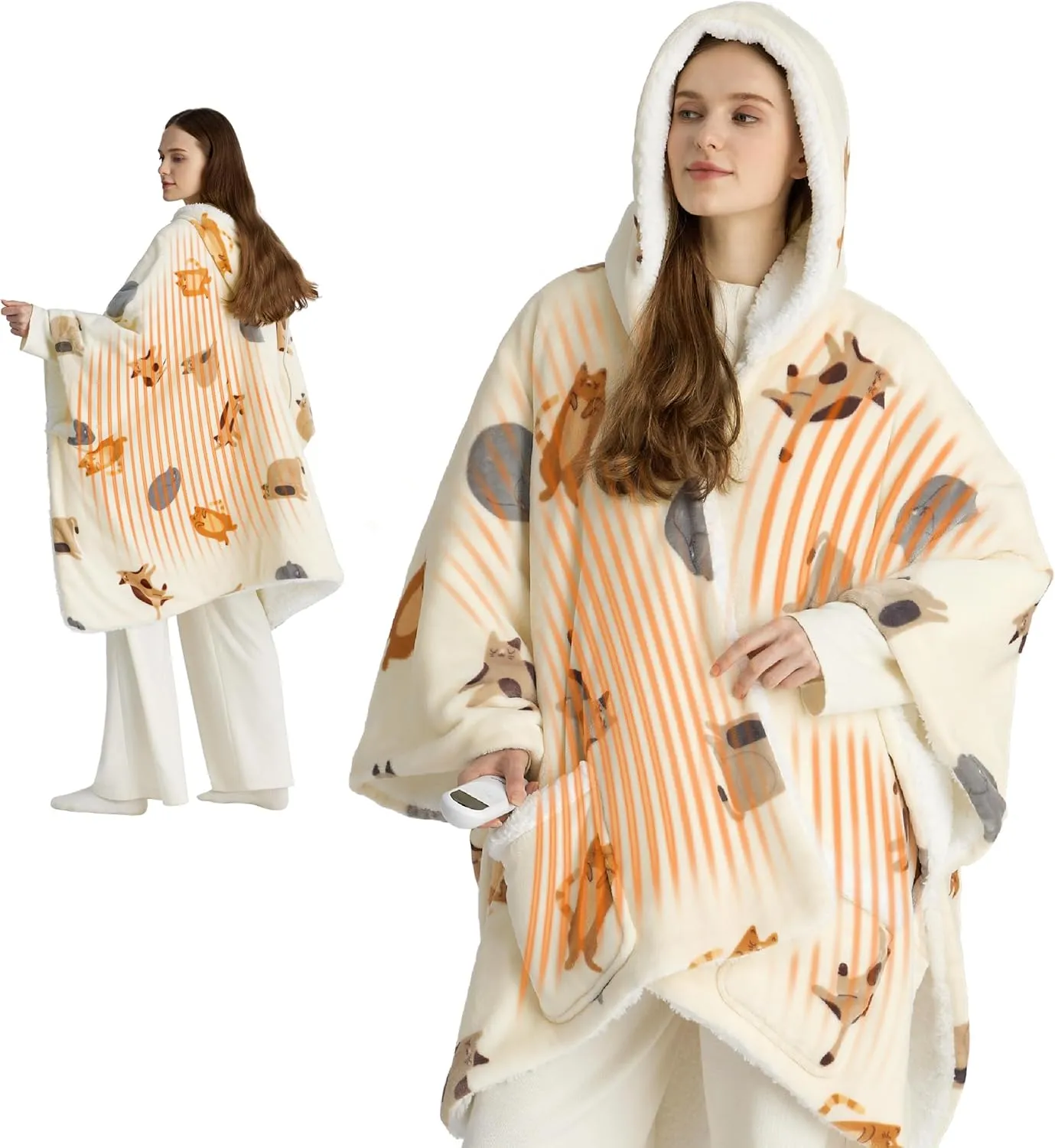 Bedsure Heated Blanket Wearable Shawl - Electric Wrap Poncho Blanket Hoodie for Adult, Winter Gifts for Mom Women Girlfriend, Warm Sherpa Heating Throw, Auto Shut Off, 50x64 inches, Printed Cat