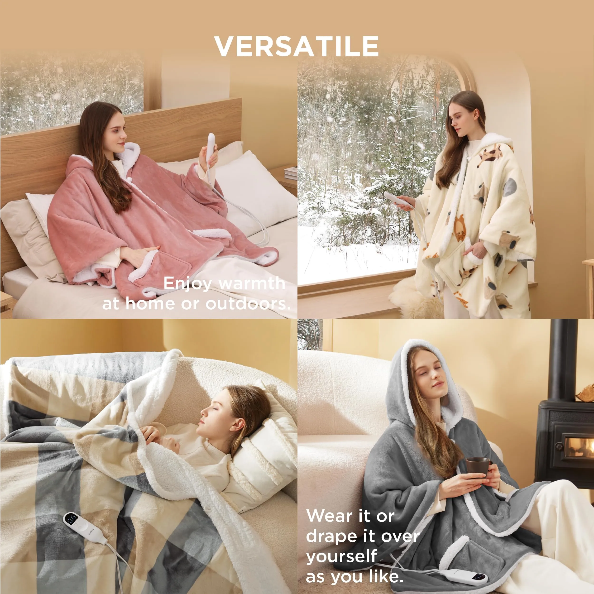 Bedsure Heated Blanket Wearable Shawl - Electric Wrap Poncho Blanket Hoodie for Adult, Winter Gifts for Mom Women Girlfriend, Warm Sherpa Heating Throw, Auto Shut Off, 50x64 inches, Printed Cat