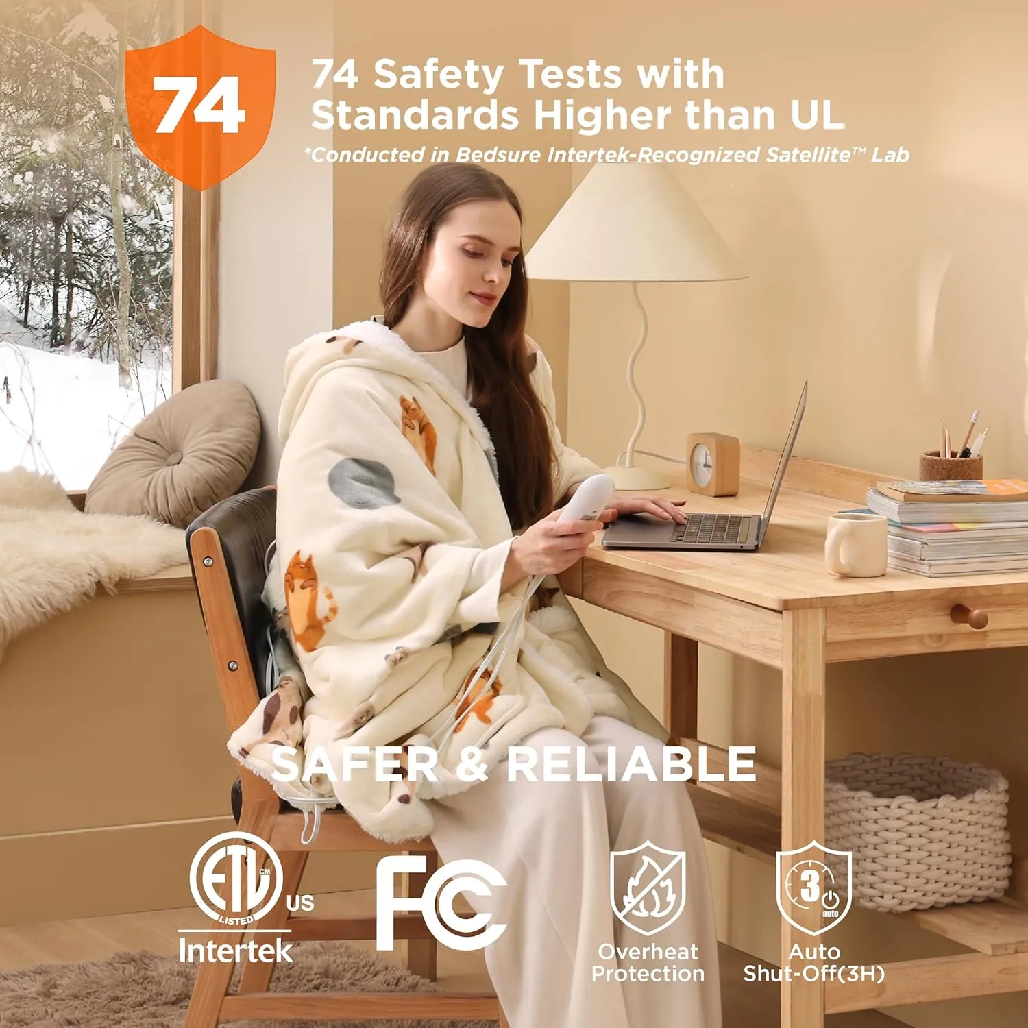 Bedsure Heated Blanket Wearable Shawl - Electric Wrap Poncho Blanket Hoodie for Adult, Winter Gifts for Mom Women Girlfriend, Warm Sherpa Heating Throw, Auto Shut Off, 50x64 inches, Printed Cat