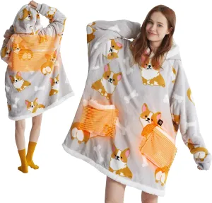 Bedsure Heated Wearable Blanket Hoodie - Cordless Sherpa Heating Hooded Blanket as Winter Gifts for Women Mom with Battery Pack 7.4V, Portable Warm Electric Throw for Adult Outdoor, Standard Corgi