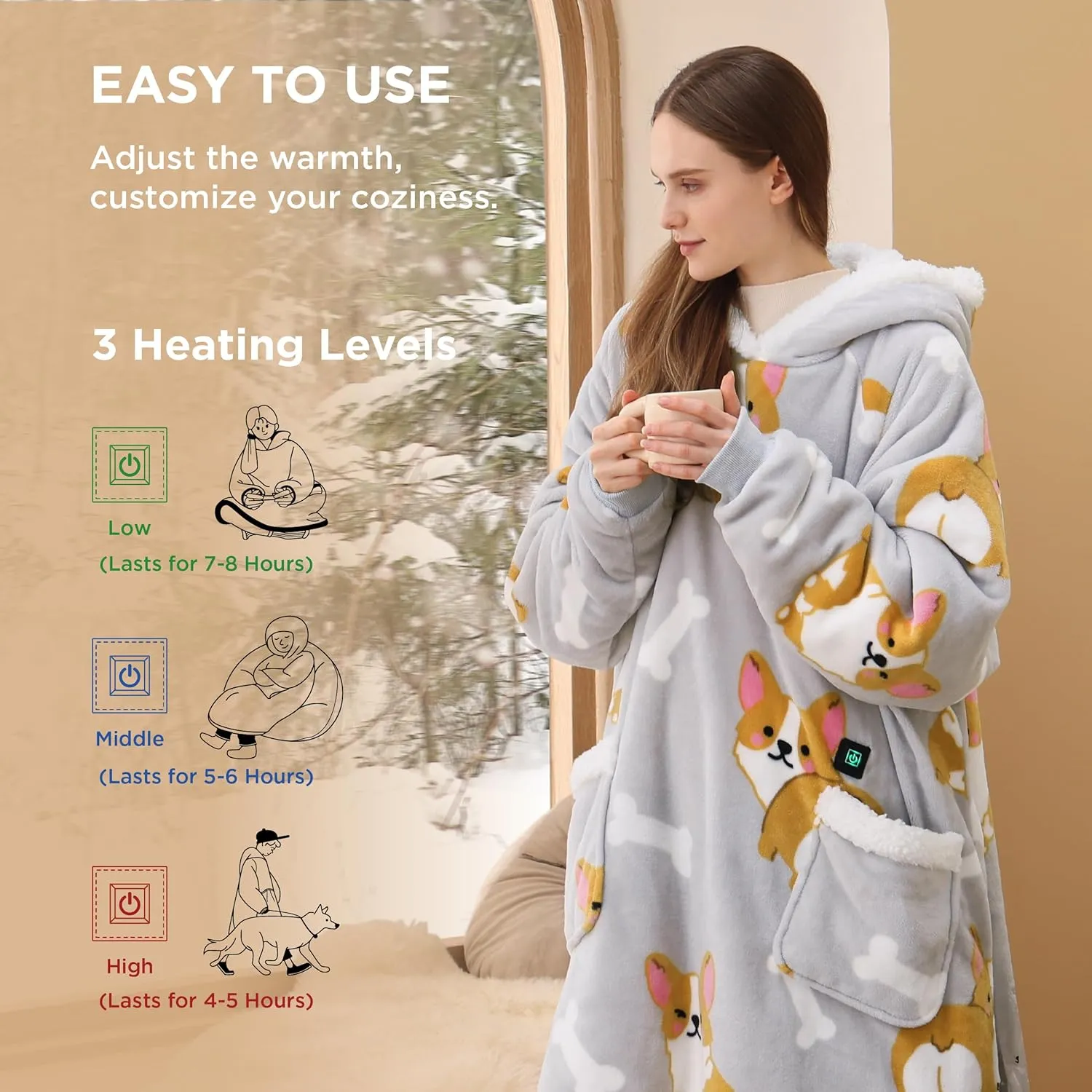 Bedsure Heated Wearable Blanket Hoodie - Cordless Sherpa Heating Hooded Blanket as Winter Gifts for Women Mom with Battery Pack 7.4V, Portable Warm Electric Throw for Adult Outdoor, Standard Corgi