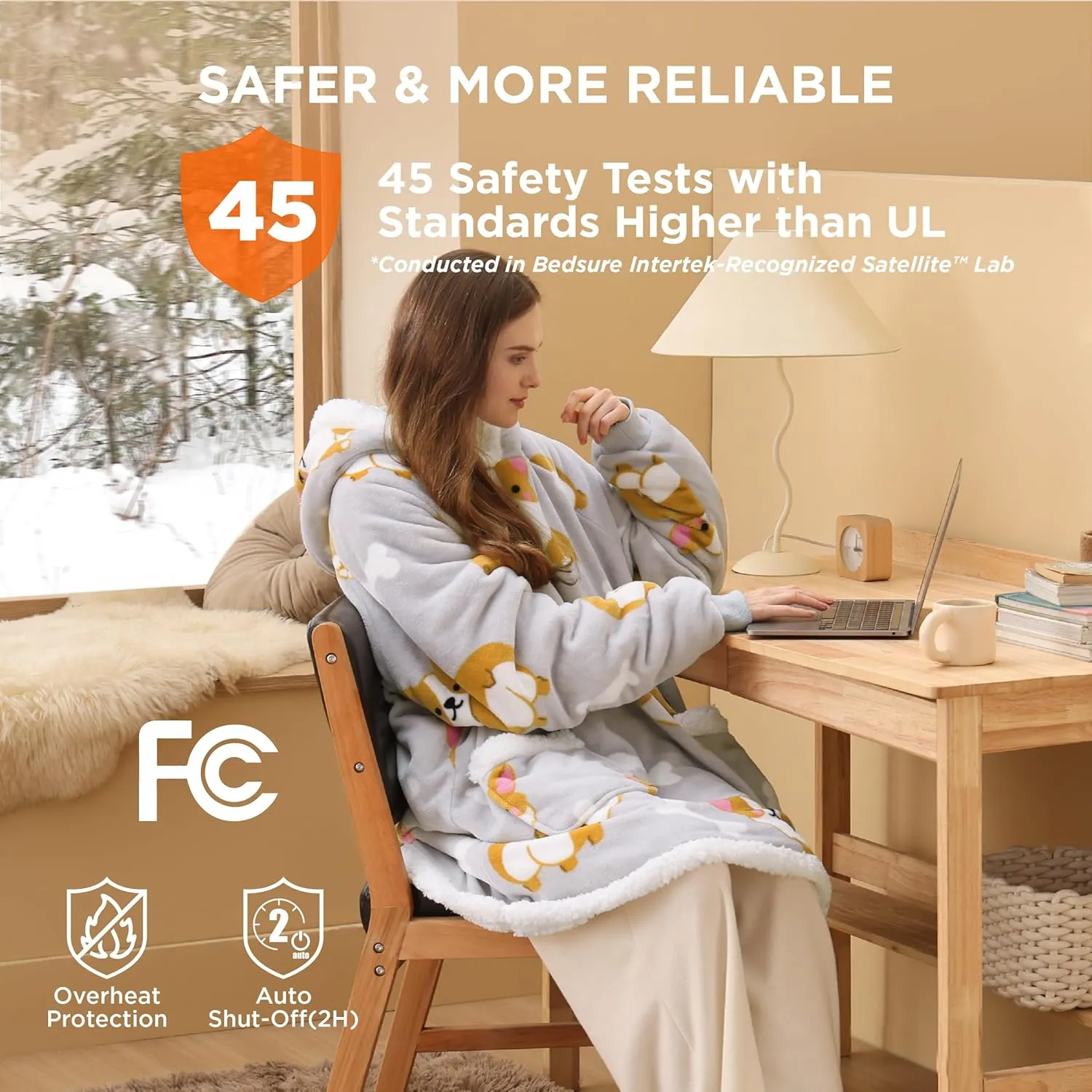 Bedsure Heated Wearable Blanket Hoodie - Cordless Sherpa Heating Hooded Blanket as Winter Gifts for Women Mom with Battery Pack 7.4V, Portable Warm Electric Throw for Adult Outdoor, Standard Corgi
