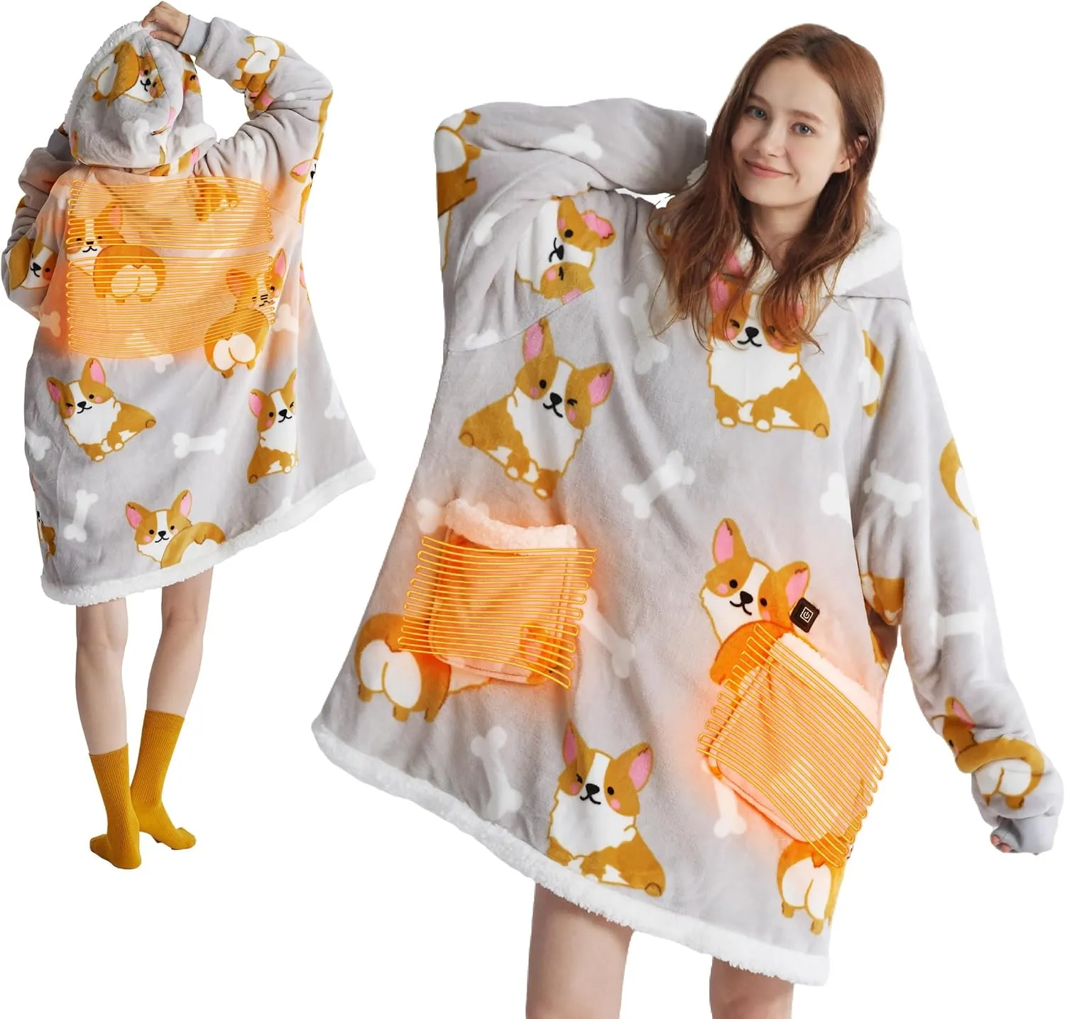 Bedsure Heated Wearable Blanket Hoodie - Cordless Sherpa Heating Hooded Blanket as Winter Gifts for Women Mom with Battery Pack 7.4V, Portable Warm Electric Throw for Adult Outdoor, Standard Corgi