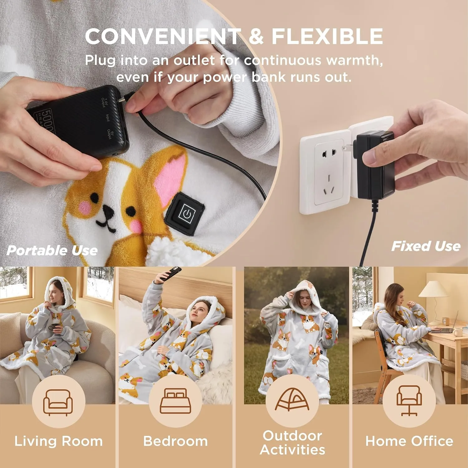 Bedsure Heated Wearable Blanket Hoodie - Cordless Sherpa Heating Hooded Blanket as Winter Gifts for Women Mom with Battery Pack 7.4V, Portable Warm Electric Throw for Adult Outdoor, Standard Corgi