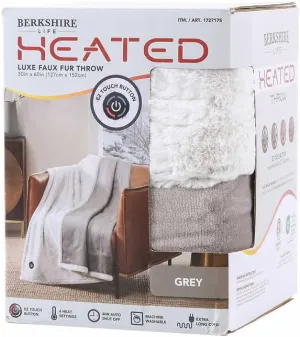 Berkshire Life Heated Throw - 50 in X 60 in Electric Blanket - EZ Touch Button - 4 Heat Settings - Machine Washable - Extra Long Cord - Reversable White Luxe Faux Fur to Color - Grey