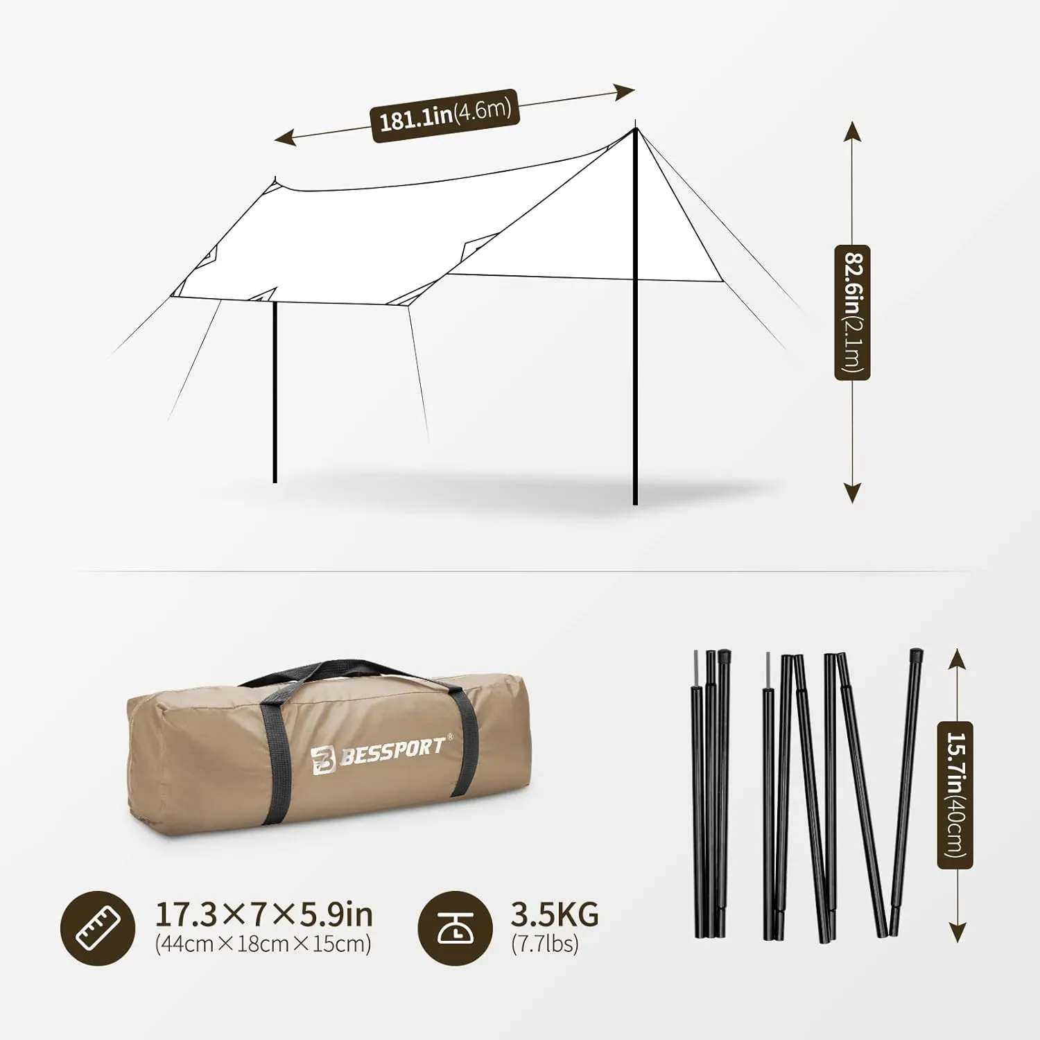 Bessport Camping Tarp 169.8FT With 2 Poles - Lightweight Car Awning Sunshade, Portable Multifunctional Backpacking, PU 3000mm Waterproof Rain Fly Hammock for Outdoor, Traveling, Hiking
