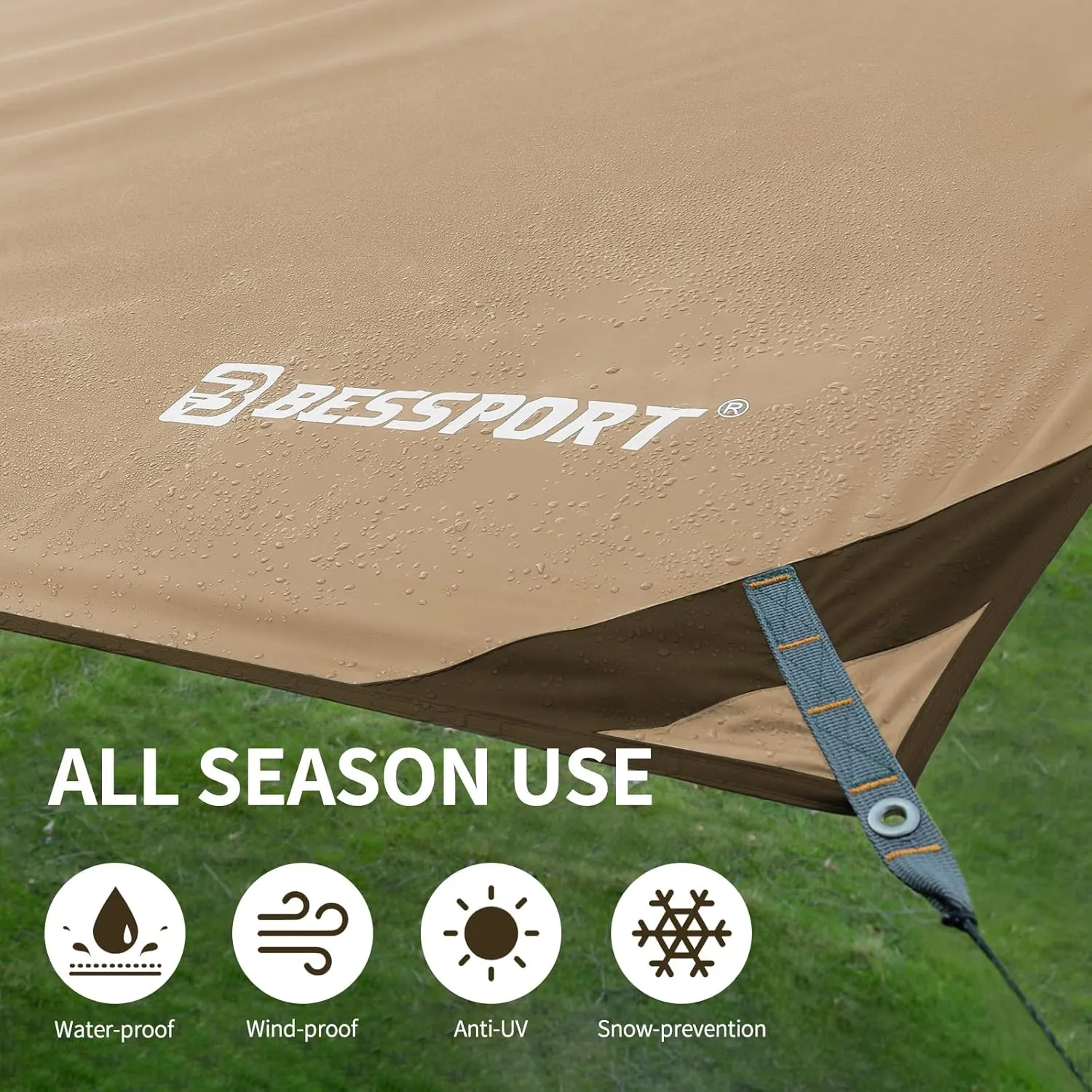 Bessport Camping Tarp 169.8FT With 2 Poles - Lightweight Car Awning Sunshade, Portable Multifunctional Backpacking, PU 3000mm Waterproof Rain Fly Hammock for Outdoor, Traveling, Hiking