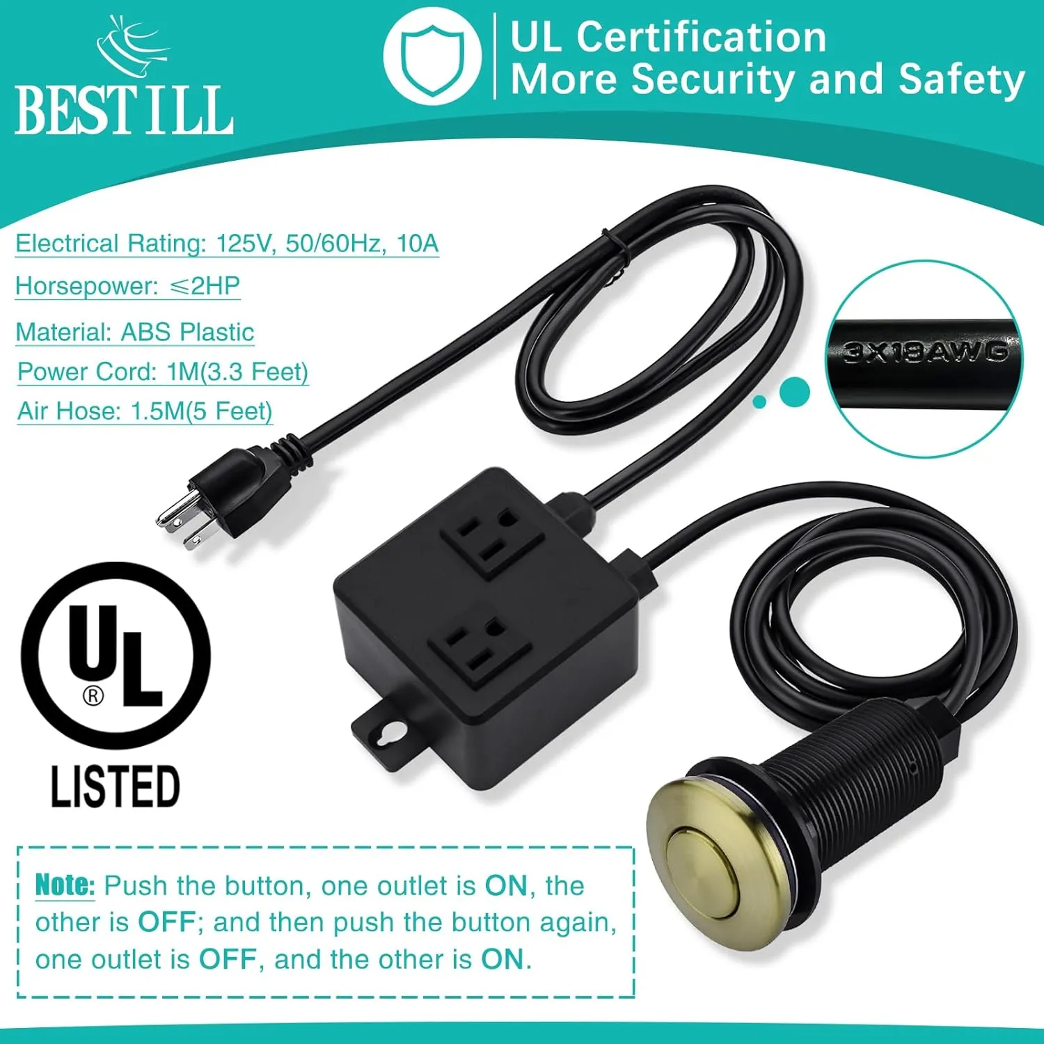 BESTILL Sink Top Garbage Disposal Air Switch Kit with Dual Outlet - UL Listed, Brushed Gold 3.6" Long Push Button with Brass Cover, Compatible with Disposer and Dishwasher