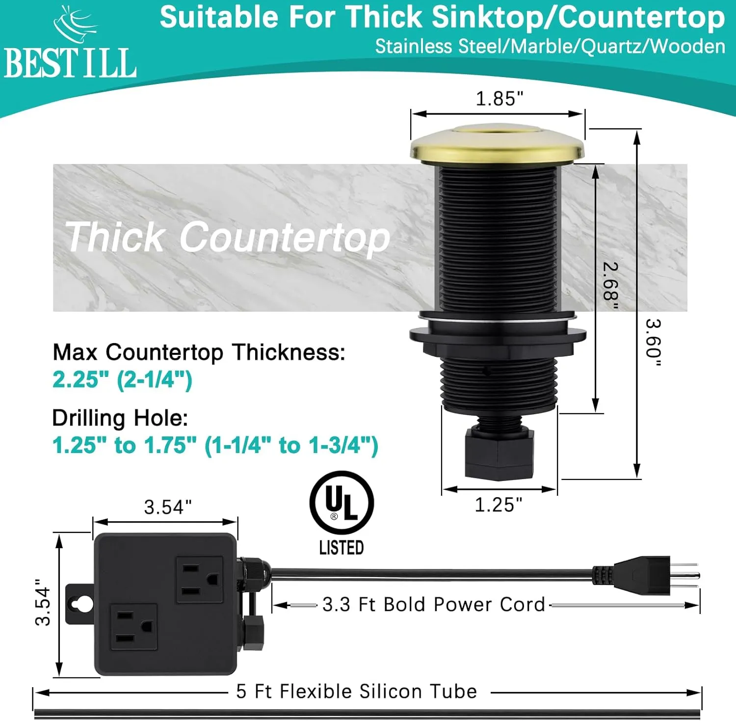 BESTILL Sink Top Garbage Disposal Air Switch Kit with Dual Outlet - UL Listed, Brushed Gold 3.6" Long Push Button with Brass Cover, Compatible with Disposer and Dishwasher