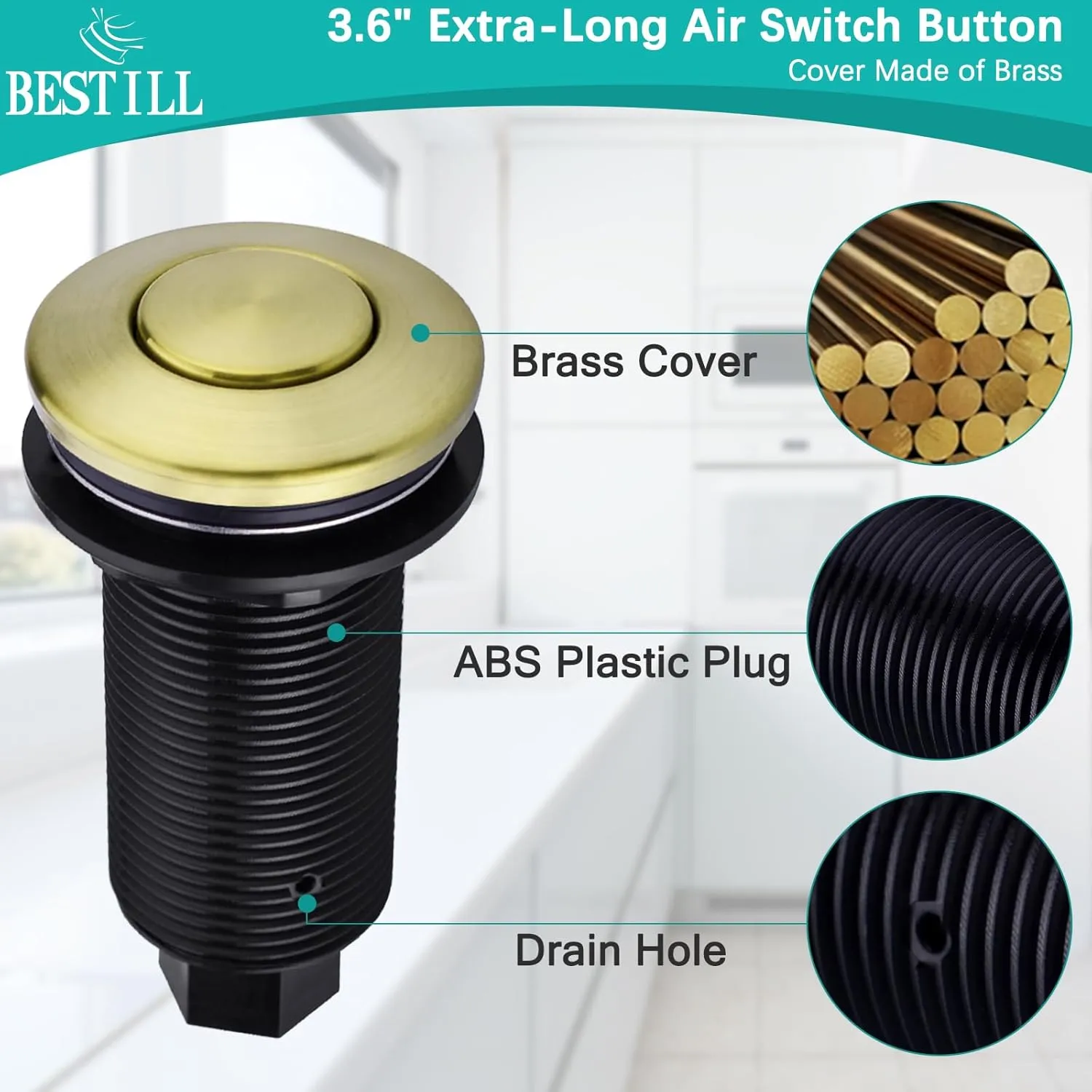 BESTILL Sink Top Garbage Disposal Air Switch Kit with Dual Outlet - UL Listed, Brushed Gold 3.6" Long Push Button with Brass Cover, Compatible with Disposer and Dishwasher