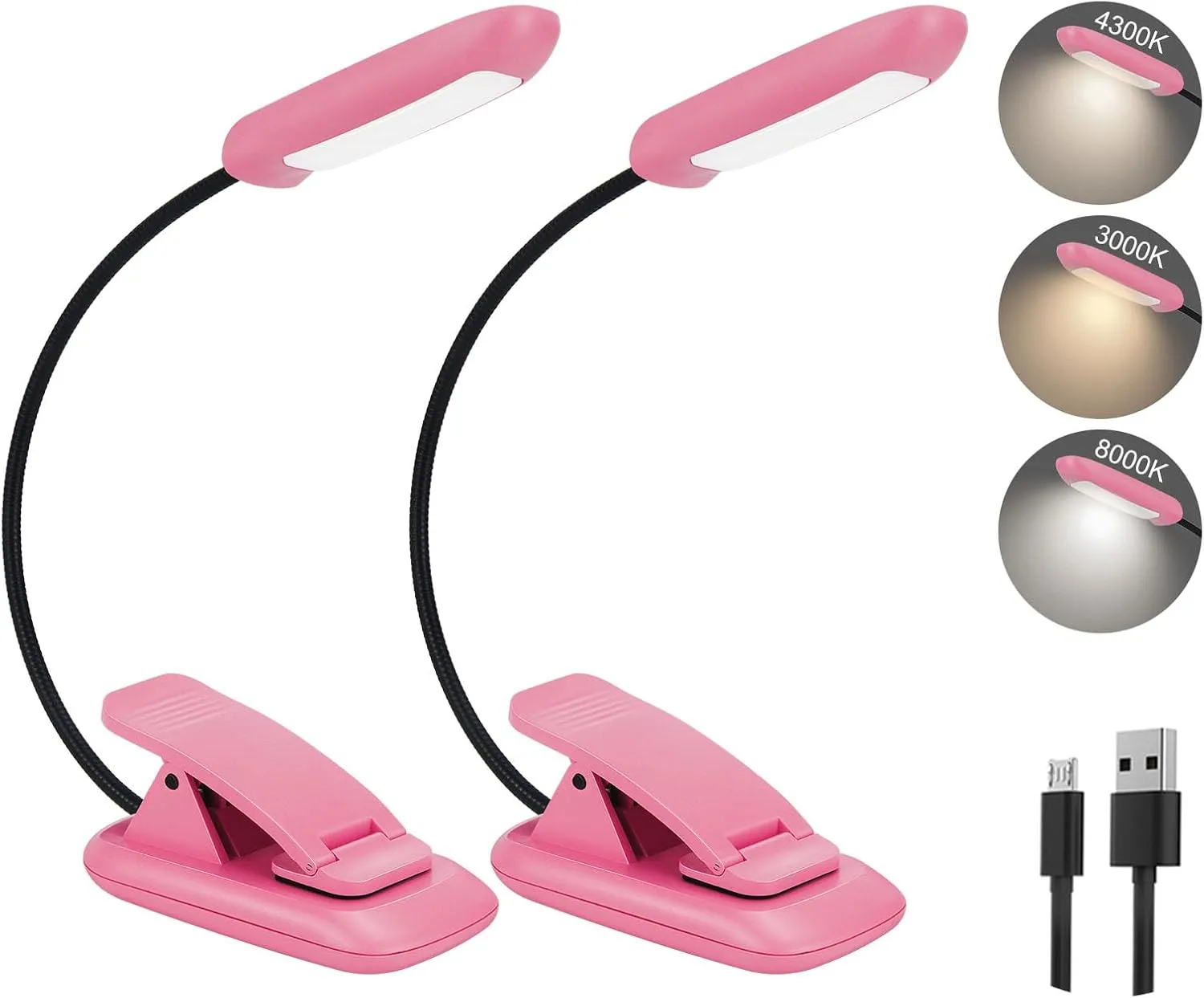 BIGMONAT Rechargeable Book Light, Portable Bendable Neck, Brightness Adjustable Reading Light, Eye Care Reading, Warm & White LEDs, Perfect for Kids, Bed Headboard & Travel (Pink, 2Pack)