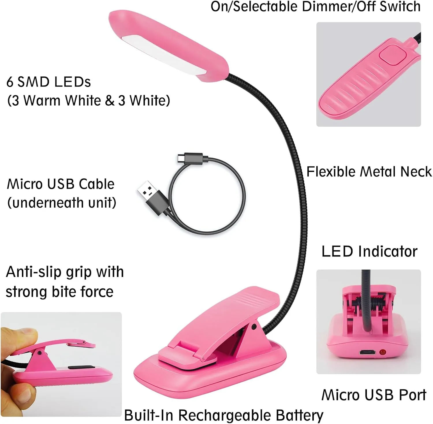 BIGMONAT Rechargeable Book Light, Portable Bendable Neck, Brightness Adjustable Reading Light, Eye Care Reading, Warm & White LEDs, Perfect for Kids, Bed Headboard & Travel (Pink, 2Pack)