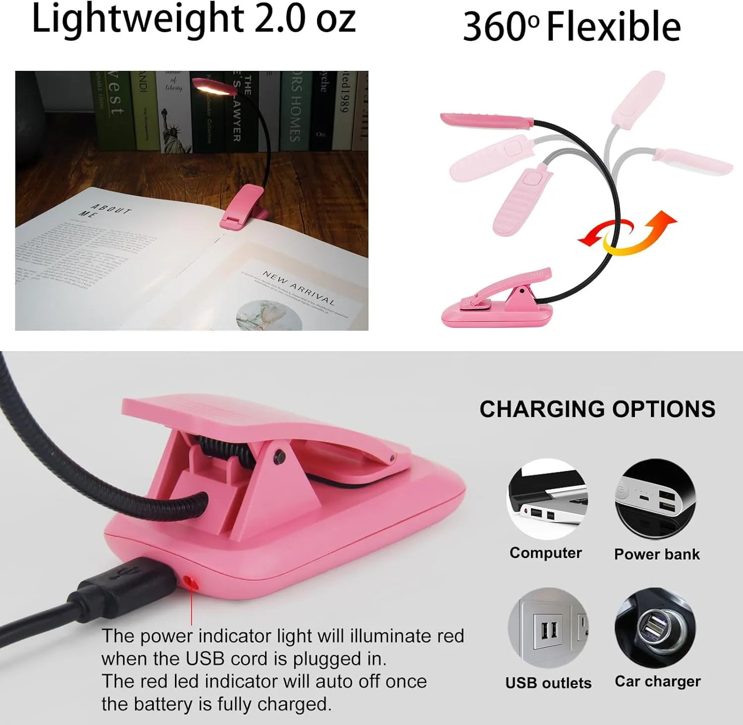 BIGMONAT Rechargeable Book Light, Portable Bendable Neck, Brightness Adjustable Reading Light, Eye Care Reading, Warm & White LEDs, Perfect for Kids, Bed Headboard & Travel (Pink, 2Pack)