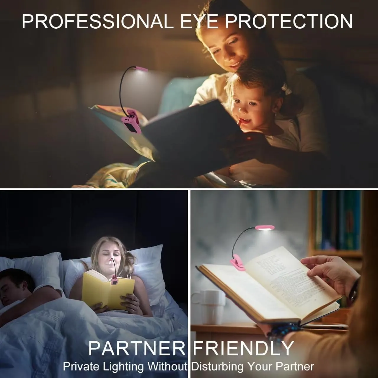 BIGMONAT Rechargeable Book Light, Portable Bendable Neck, Brightness Adjustable Reading Light, Eye Care Reading, Warm & White LEDs, Perfect for Kids, Bed Headboard & Travel (Pink, 2Pack)