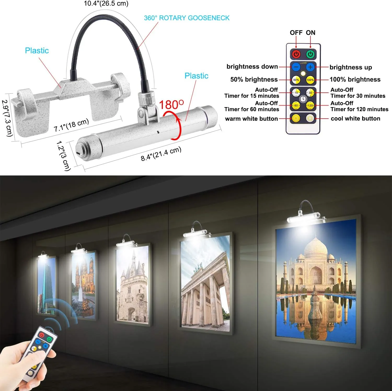 BIGMONAT USB Rechargeable Picture Light Wireless Led Art Light with Remote Control,Rotatable Painting Light Head of 3 Lighting Modes Dimmable Display Lamp for Frame Portrait Artwork Trophy