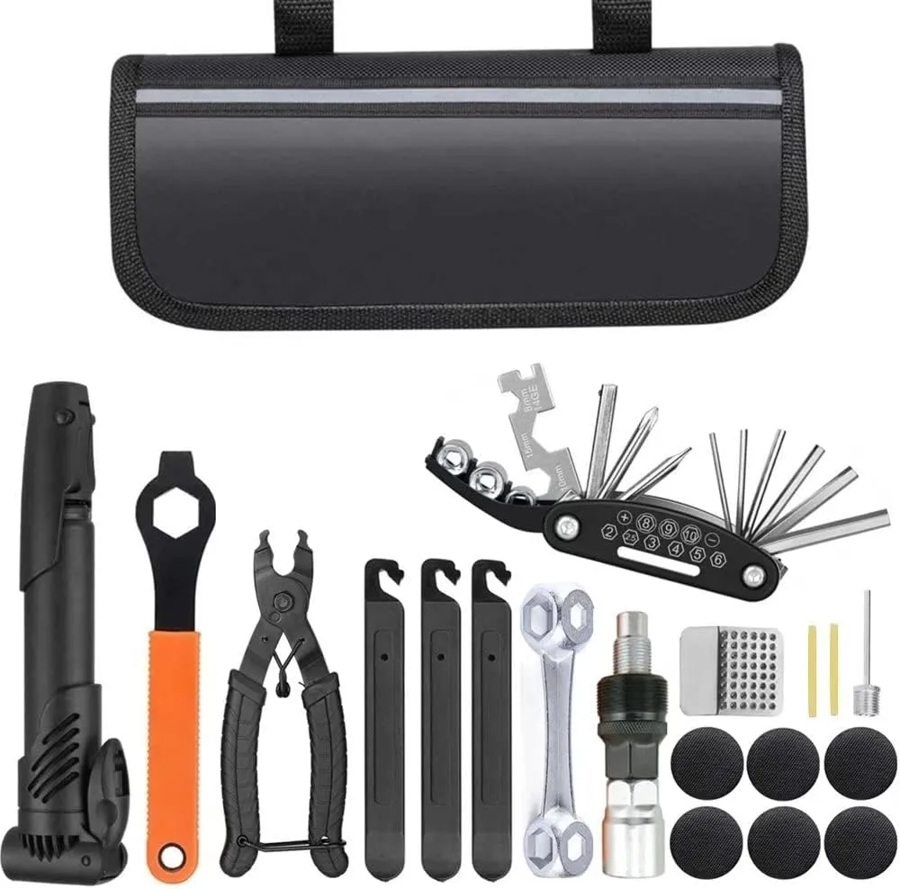 Bike Repair Tool Kit - Multi-Function Bicycle Kit with Tire Pump, Puncture Repair, Master Link Pliers, Crank Pull Tool, Rubber-Free Tire Patch