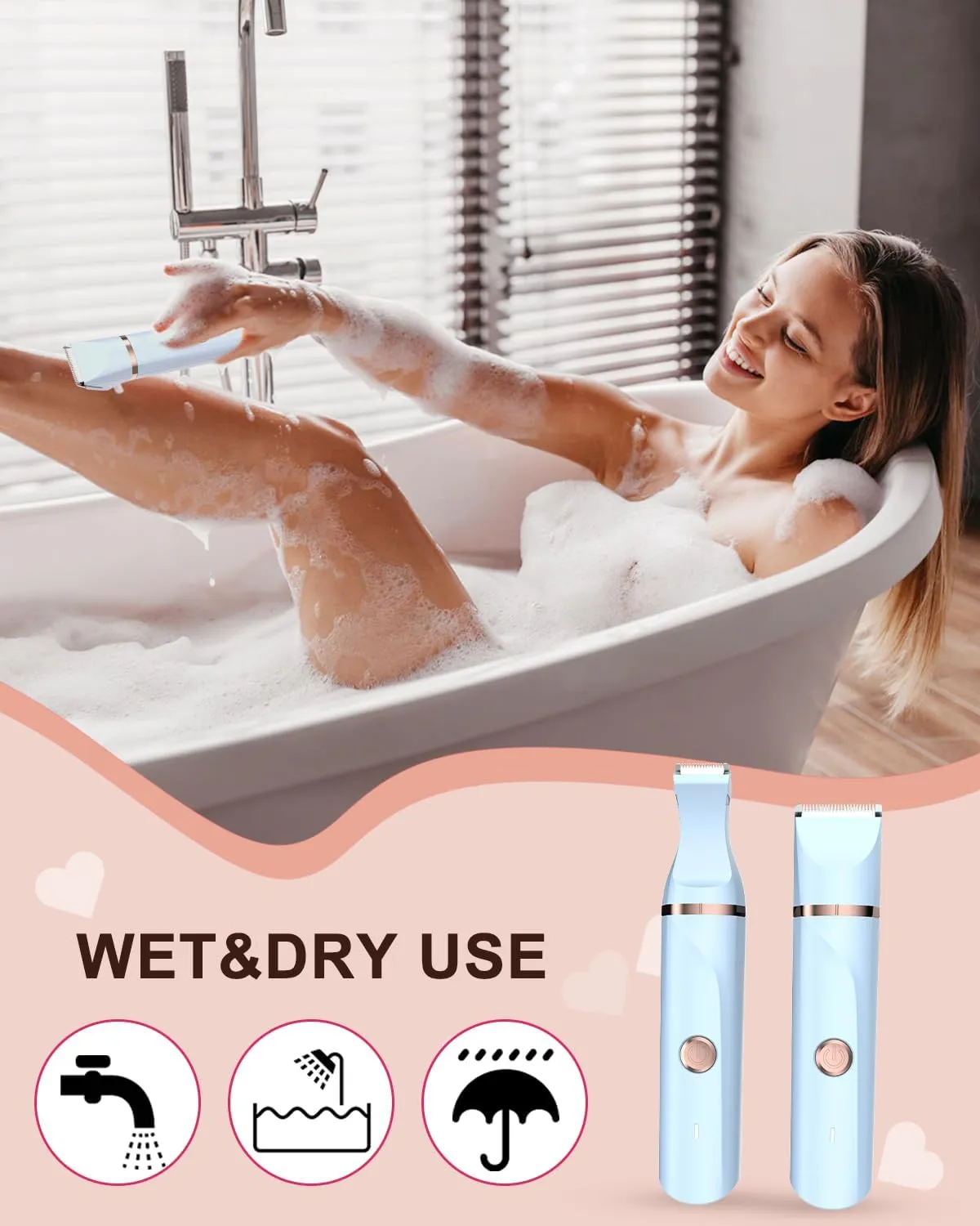 Bikini Trimmer for Women,Electric Razor for Pubic Hair,Rechargeable Bikini Trimmer,Electric Shaver for Women,Removal with Snap-in Ceramic Blades IPX7 Washable Head,Wet and Dry Use, Light Blue