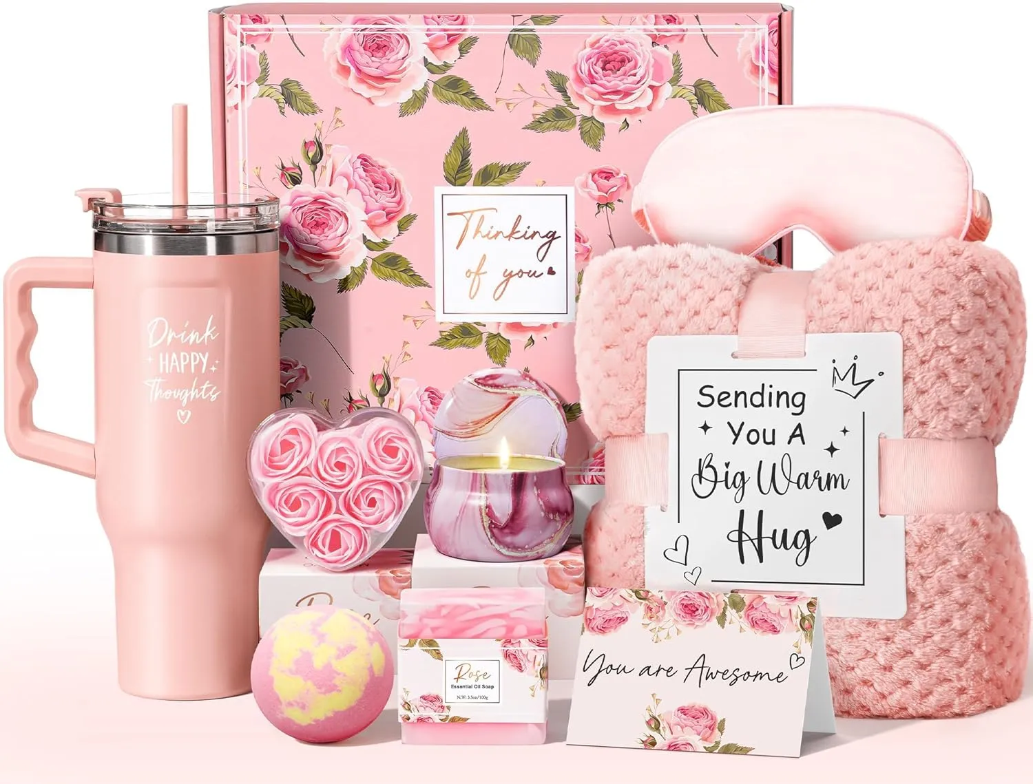 Birthday Gifts for Women Self Care Gifts Get Well Soon Gifts, Rose Relaxing Spa Gifts Basket Care Package w/ Luxury Flannel Blanket 40 oz Tumbler, Mothers Day Gifts for Mom Her Wife Girlfriend Sister