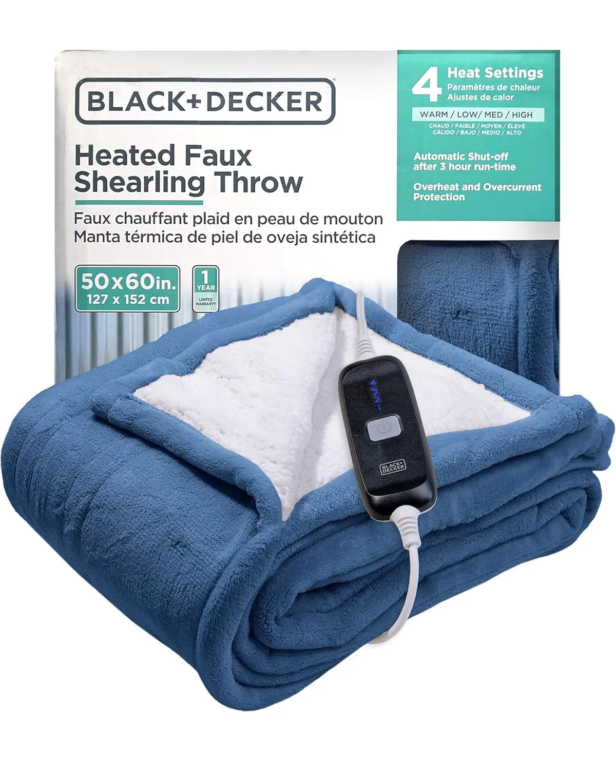 Black & Decker Navy Heated Faux Sherling Throw