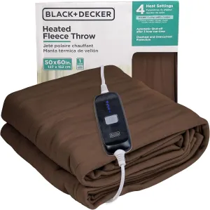 BLACK DECKER Heated Blanket Electric Throw, Fleece Electric Blanket, Heating Blanket with 4 Heating Levels, 3H Timer, Auto Shutoff, Fast Heating (50x60 inches, Chocolate)