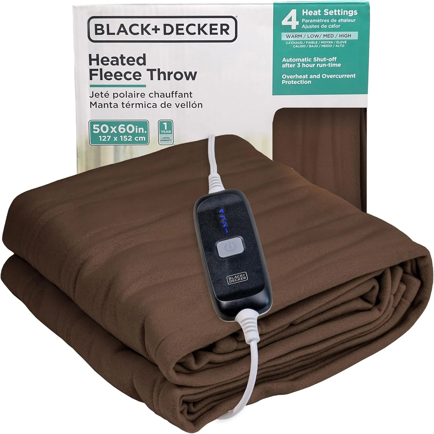 BLACK DECKER Heated Blanket Electric Throw, Fleece Electric Blanket, Heating Blanket with 4 Heating Levels, 3H Timer, Auto Shutoff, Fast Heating (50x60 inches, Chocolate)